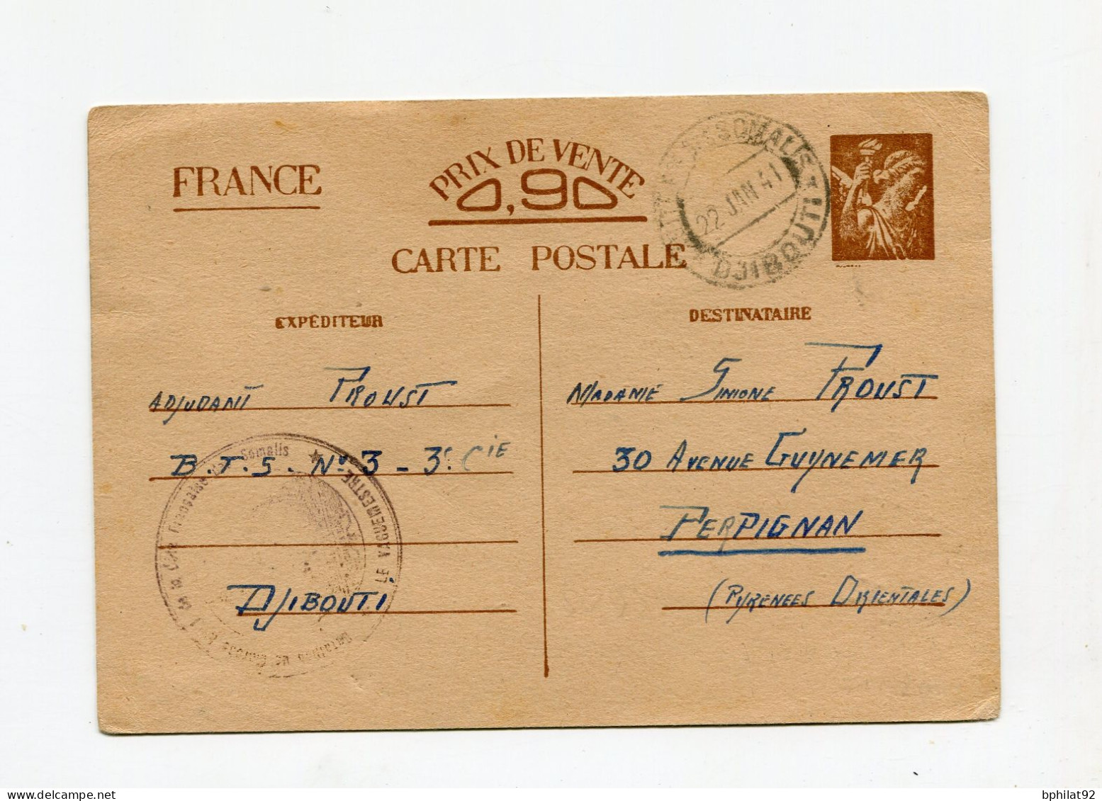 !!! COTE DES SOMALIS, ENTIER POSTAL IRIS, DE DJIBOUTI POUR LA FRANCE DE 1941 - Storia Postale