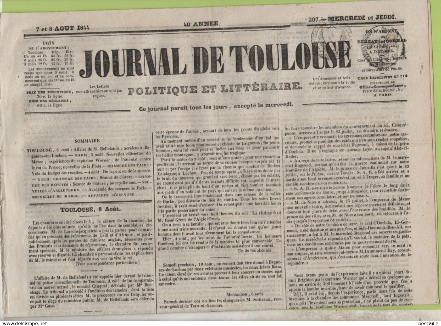 JOURNAL DE TOULOUSE 07 08 1844 - BAGNERES DE LUCHON - MONTPELLIER - BEAUCAIRE - MAROC - BRIGHTON TORPILLE WAGNER - 1800 - 1849
