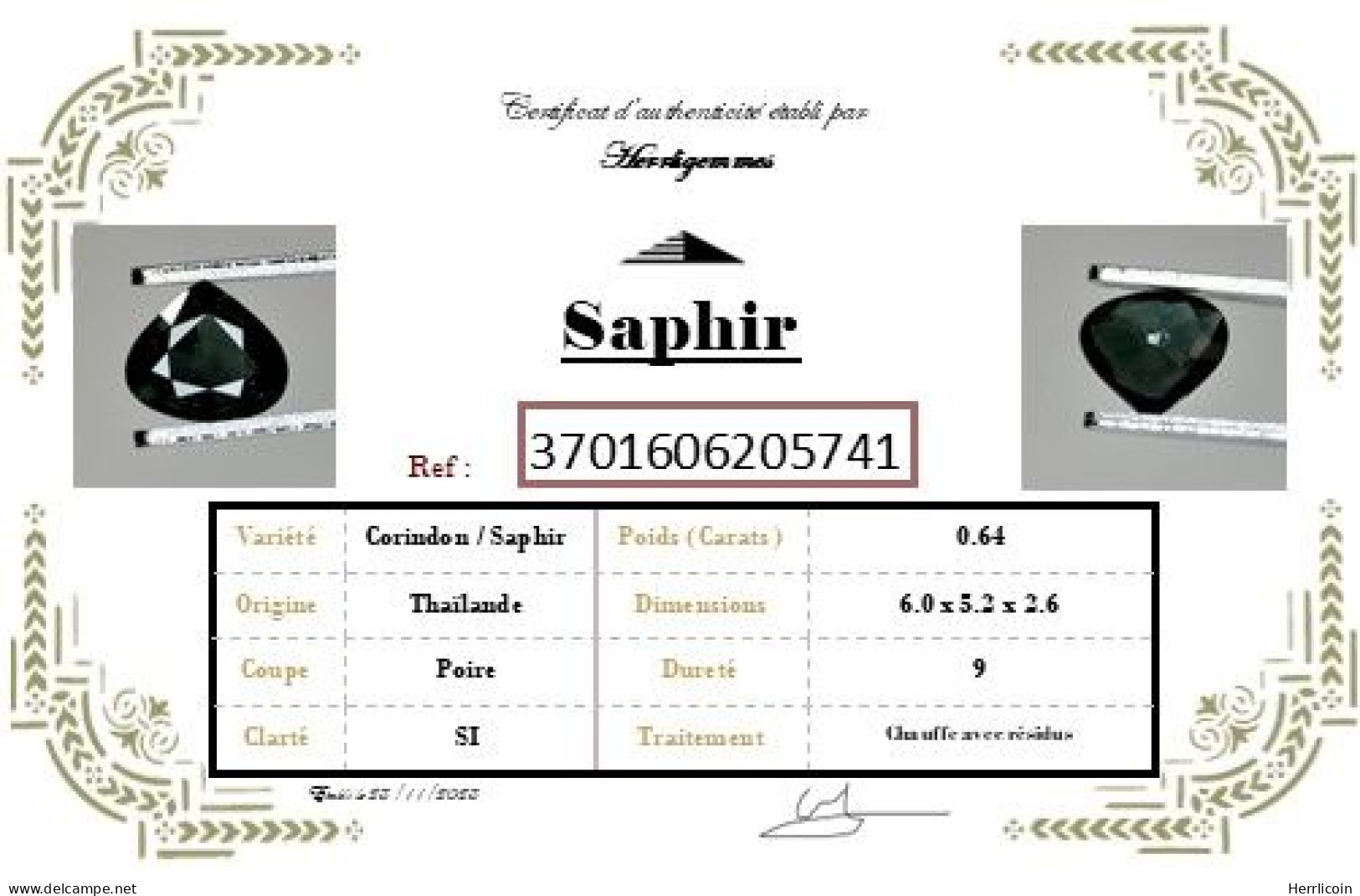 Saphir Vert Chauffé avec résidus de Thaïlande - Poire 0.64 Carat - 6.0 x 5.2 x 2.6 mm