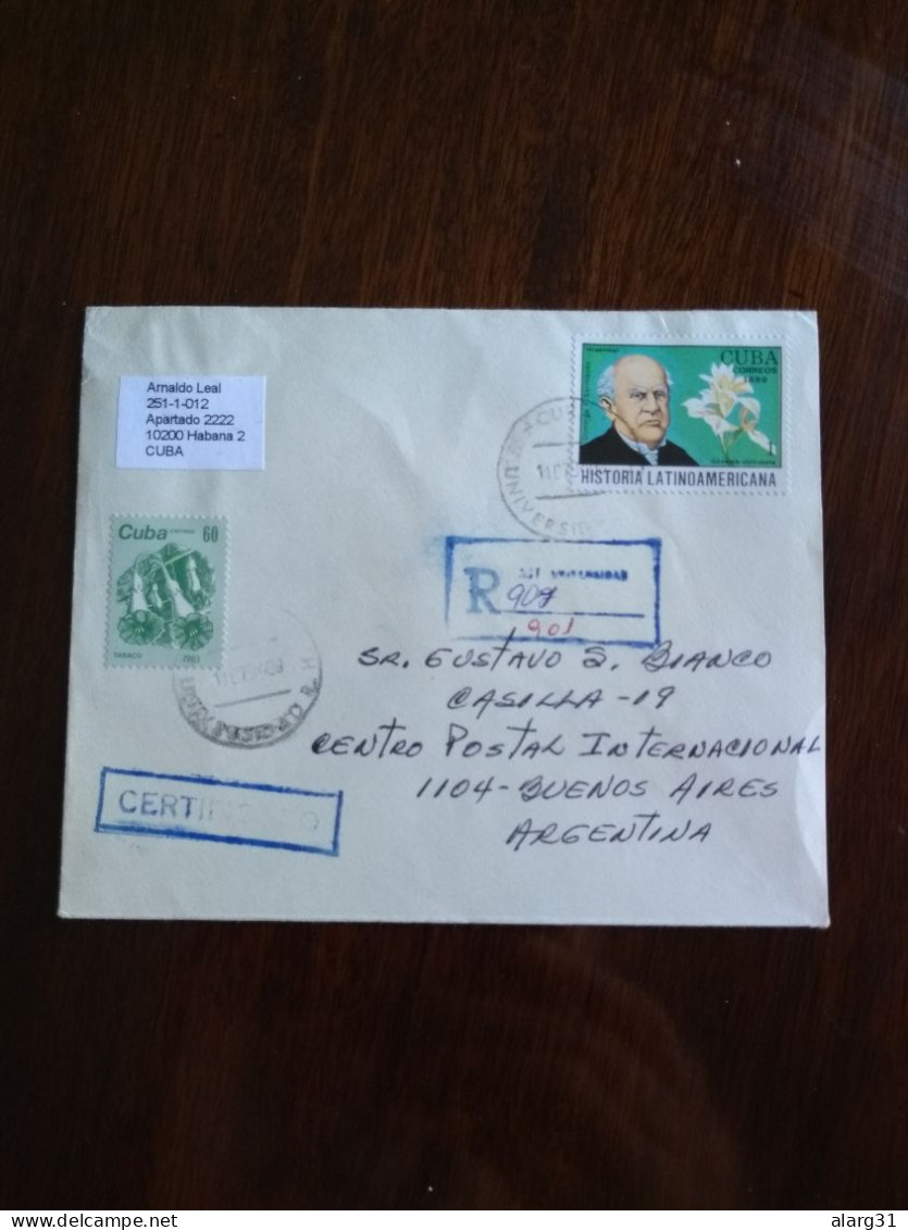 3 Reg Letter Cuba Argentina.flag.dress.1892 Colon.stamp.sarmiento.orchid.yv2960.3061.3059.e14 Reg Post Conmem 3+ Pieces. - Lettres & Documents