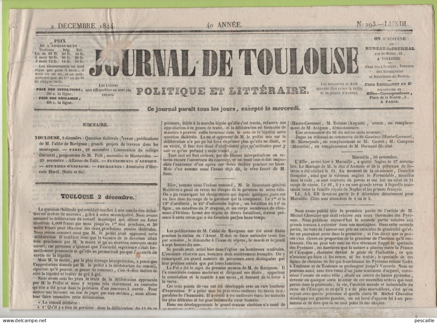 JOURNAL DE TOULOUSE 02 12 1844 - THEATRE TOULOUSE - GRANDS TRAVAUX DANS MONTAGNES PYRENEES - TEXAS - MONTEVIDEO - TAHITI - 1800 - 1849