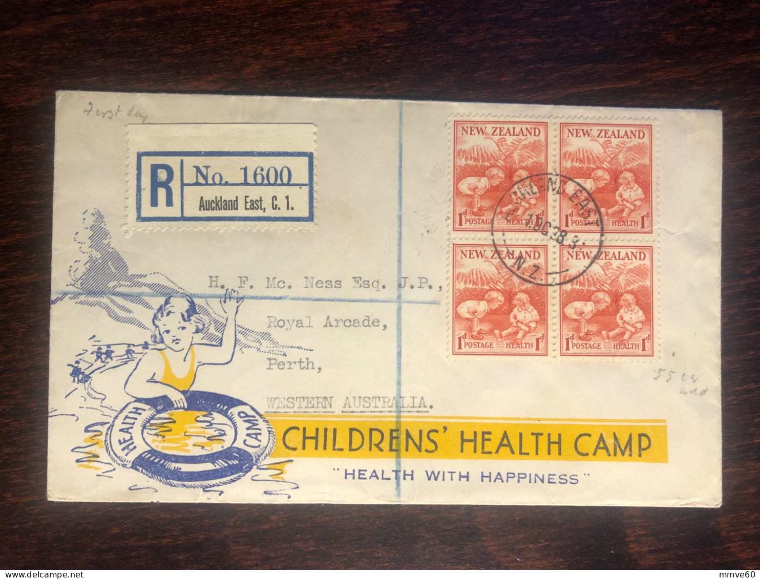 NEW ZEALAND FDC TRAVELLED COVER REGISTERED LETTER  TO AUSTRALIA 1938 YEAR HEALTH MEDICINE - Covers & Documents