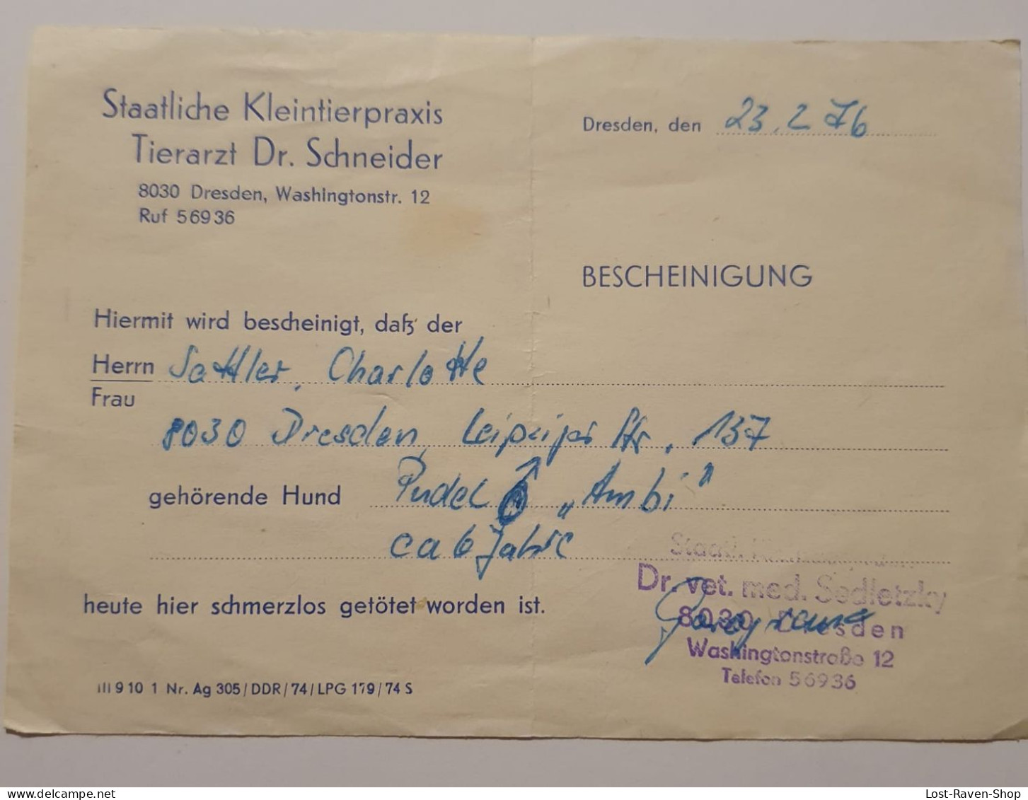 Staatliche Kleintierpraxis - Dresden - Rechnung - 1976 - 1950 - ...