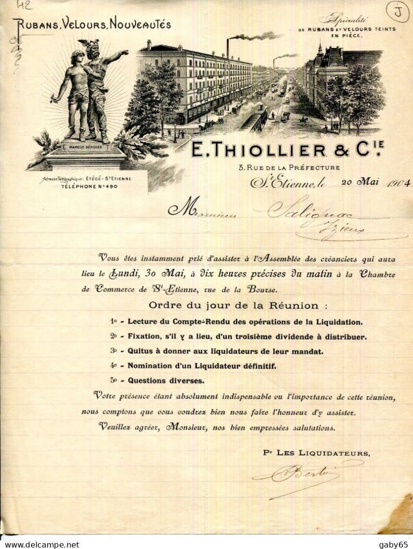 FACTURE.42.LOIRE.SAINT ÉTIENNE.RUBANS.VELOURS.NOUVEAUTES.E.THIOLLIER & Cie.3 RUE DE LA PREFECTURE. - Kleding & Textiel