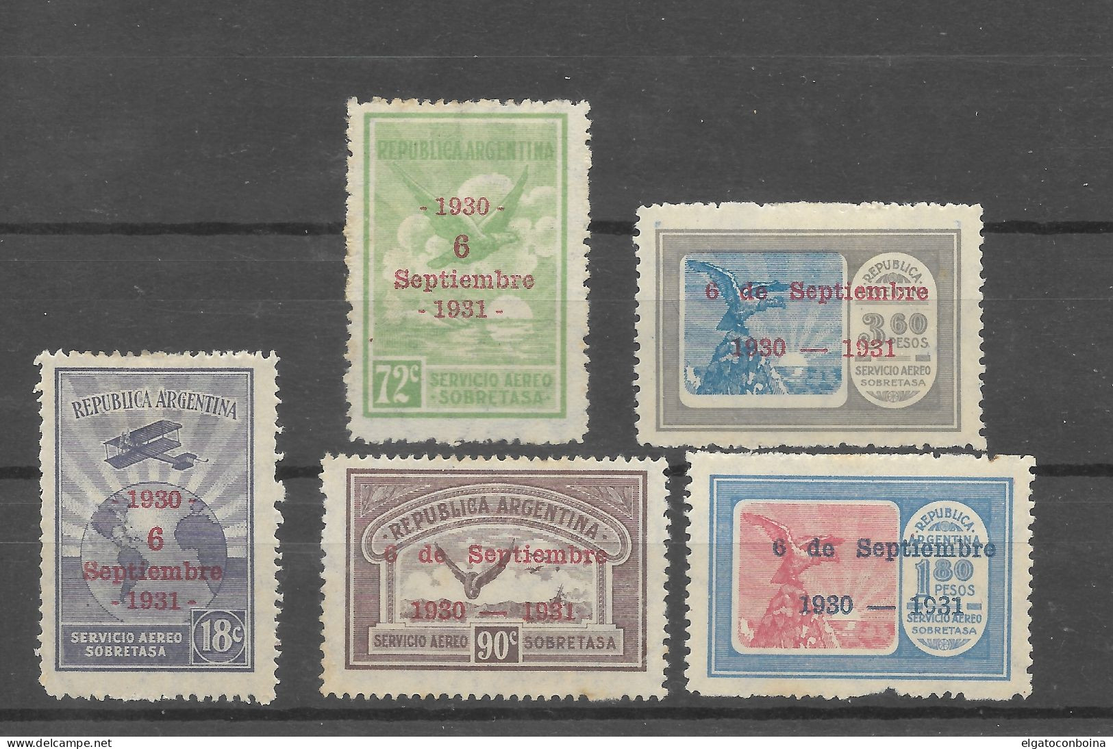 ARGENTINA 1931 AIRPLANE AND GLOBE MAP EAGLE COMPLETE C30/34 OVPT IN RED MH - Unused Stamps