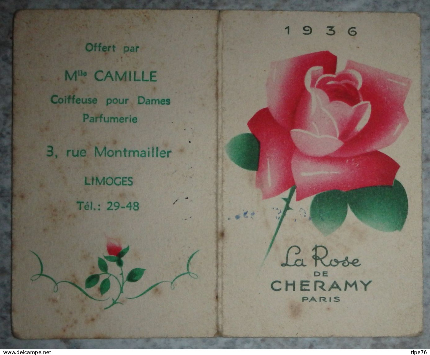 Petit Calendrier Poche Parfumé 1936 La Rose De Cheramy Coiffeur Coiffure Limoges Rue Montmailler Haute Vienne - Klein Formaat: 1921-40