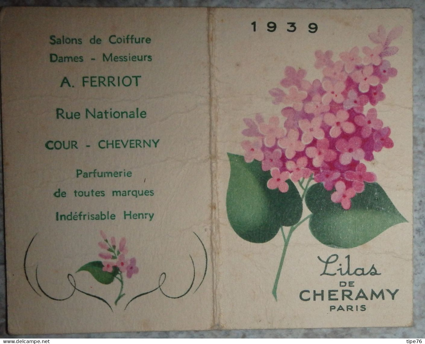 Petit Calendrier Poche Parfumé 1939 Lilas De Cheramy Coiffeur Coiffure Cour Cheverny Loir Et Cher - Klein Formaat: 1921-40