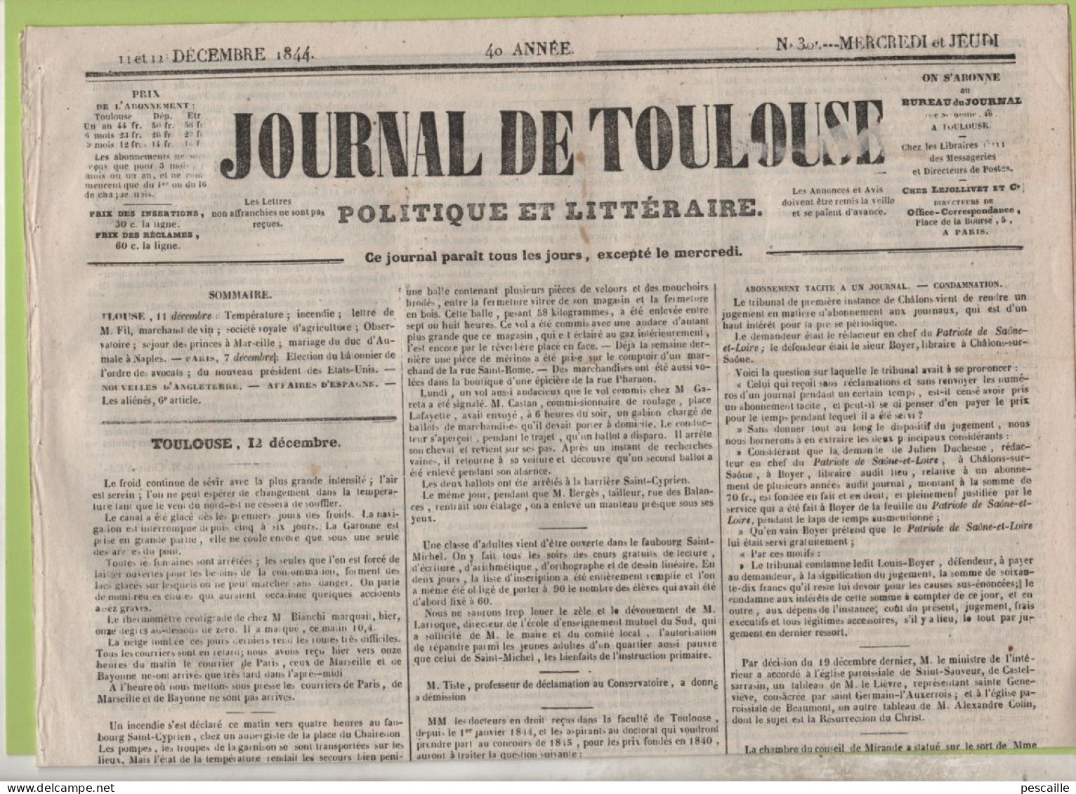 JOURNAL DE TOULOUSE 11 12 1844 - MAURESSAC - LYON - PRINCES MARSEILLE - NAPLES - CORSE - PAPEETE TAHITI - EGYPTE - POLK - 1800 - 1849