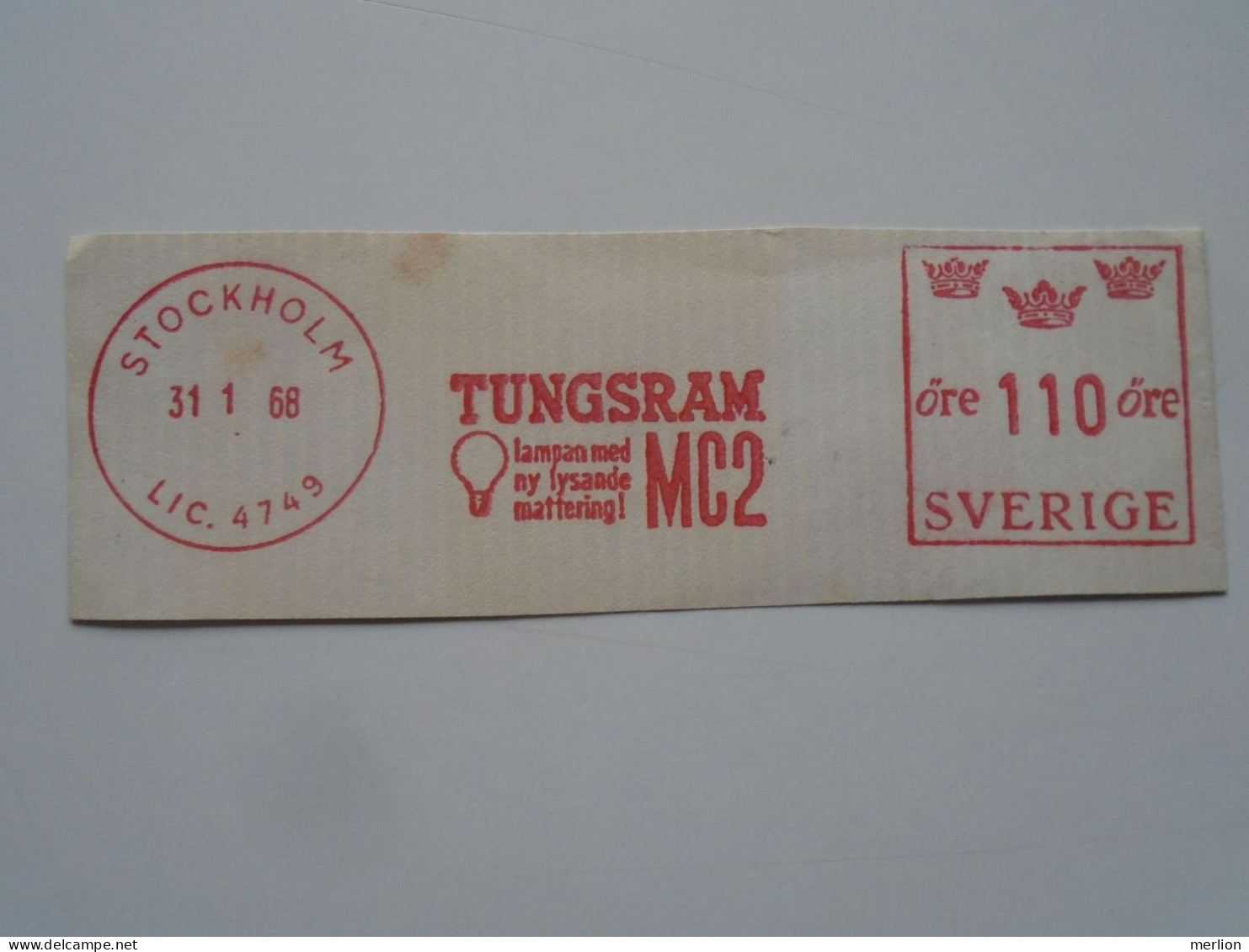 D200395 Red  Meter Stamp Cut- EMA - Freistempel  -1968 TUNGSRAM MC2  - Stockholm Sweden - Elektriciteit