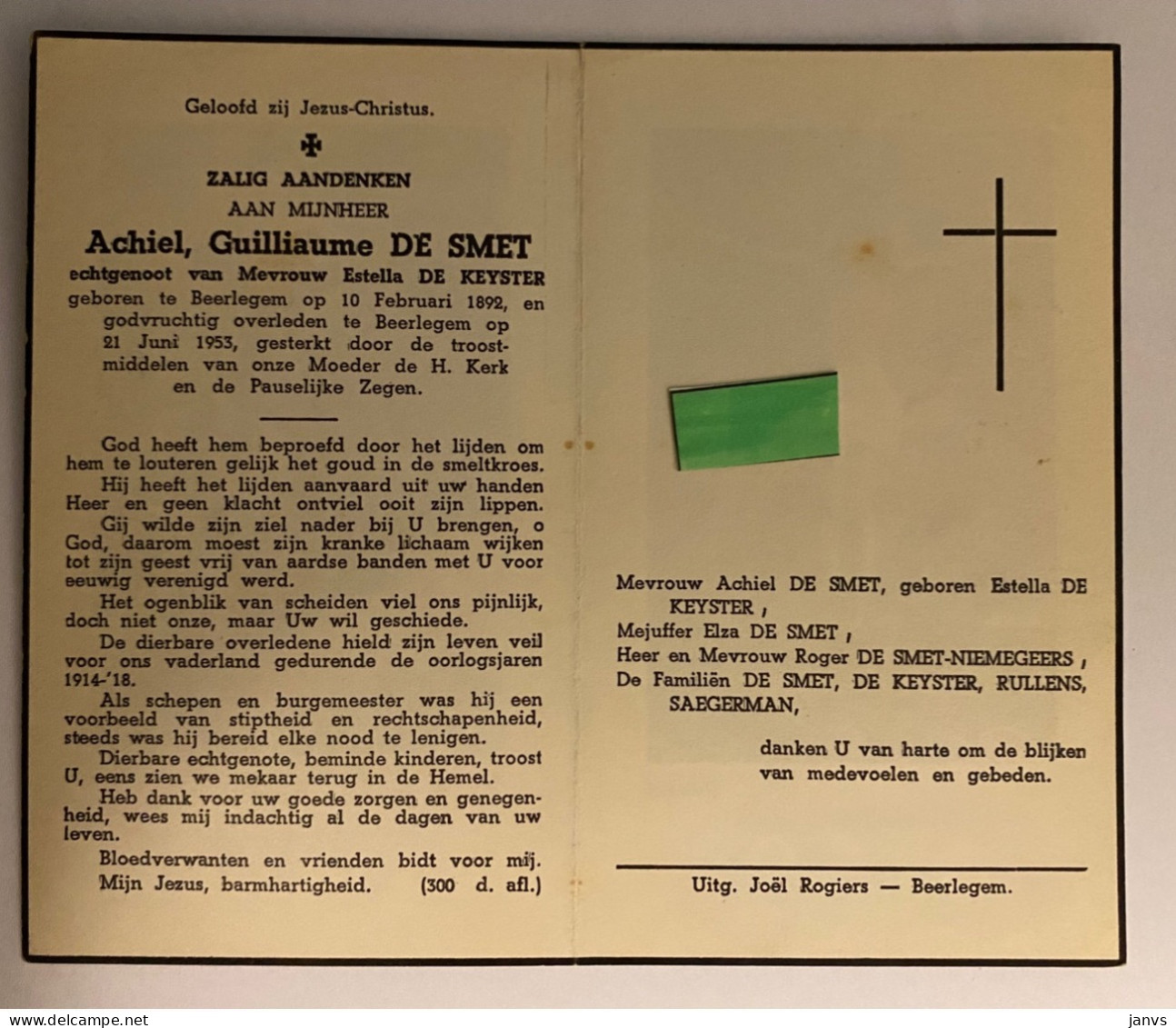 Devotie DP - Overlijden Achiel De Smet - Echtg E De Keyster - Beerlegem 1892 - 1953 - Overlijden