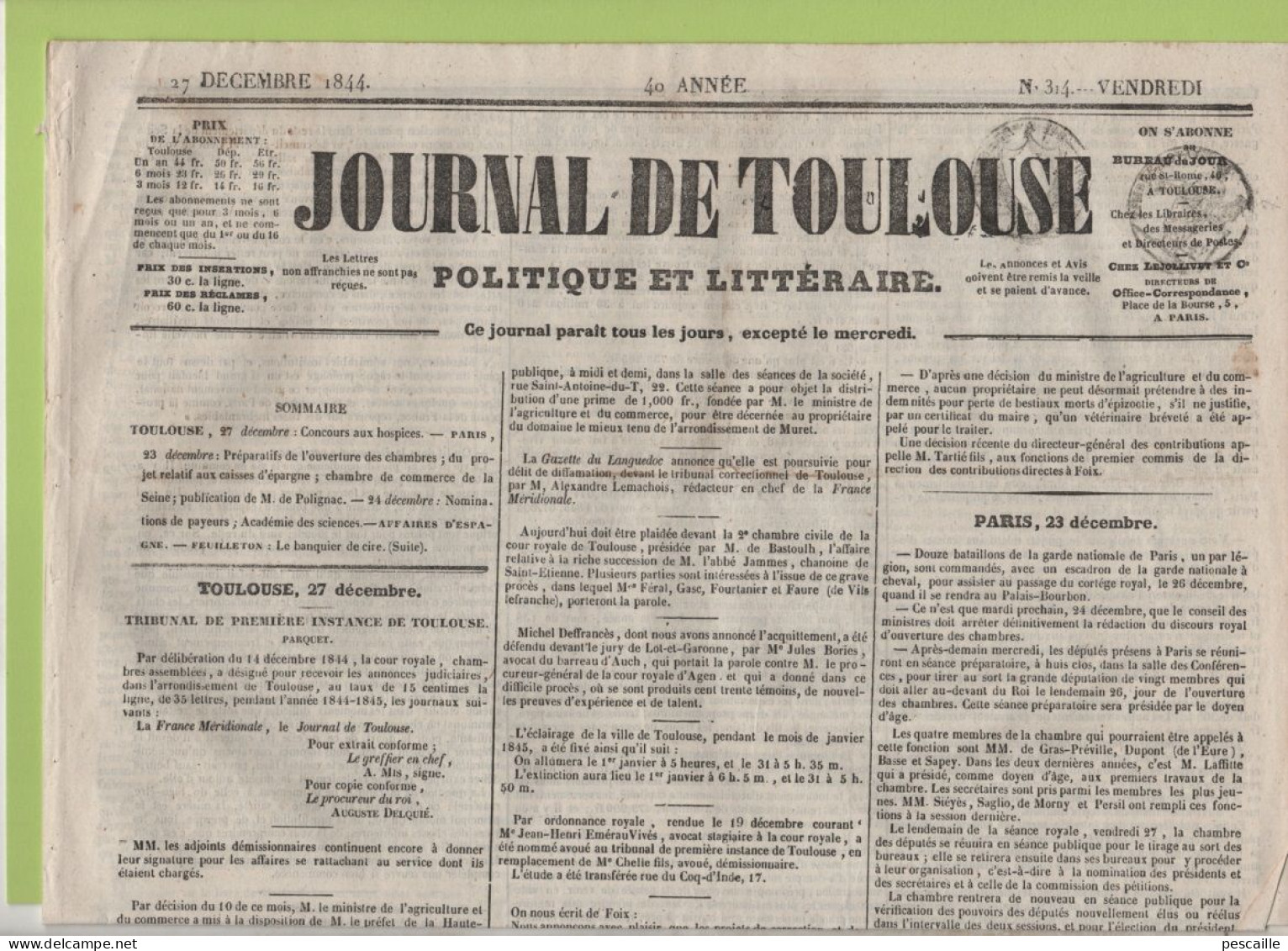 JOURNAL DE TOULOUSE 27 12 1844 - ARIEGE - CAISSES D'EPARGNE - SPANDAU EXECUTION REGICIDE TSCHECH - POLIGNAC - WEBER - 1800 - 1849