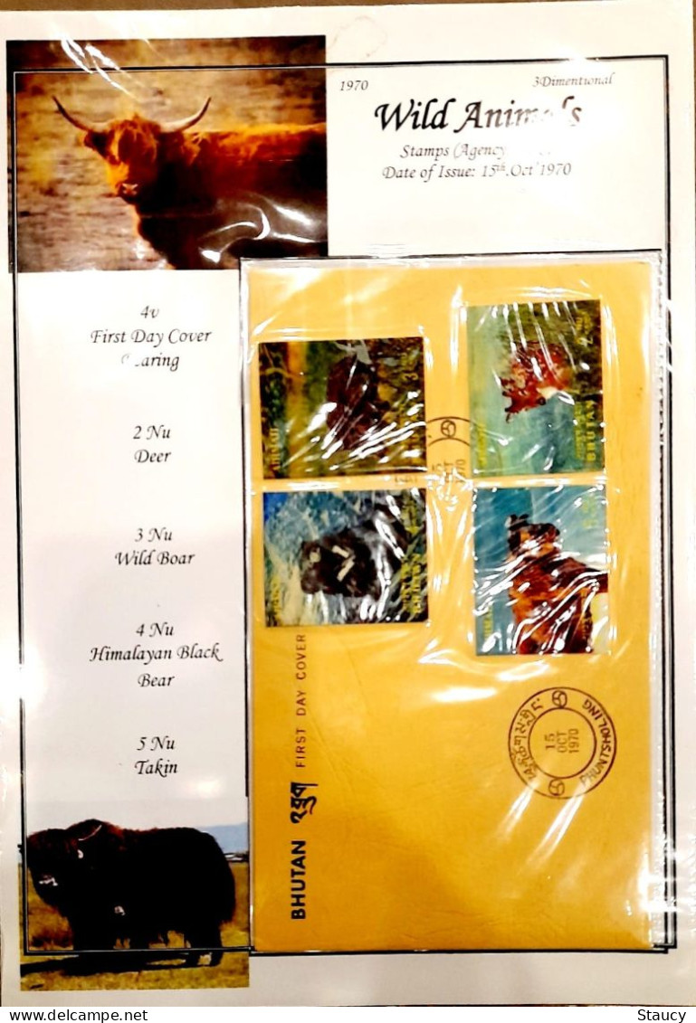 BHUTAN 1970 RARE COLLECTION of WILD ANIMALS 3d brochure + 13v SET + 6 off FDC's + 2 agency FDC + 2 regd POSTAL USED CVR