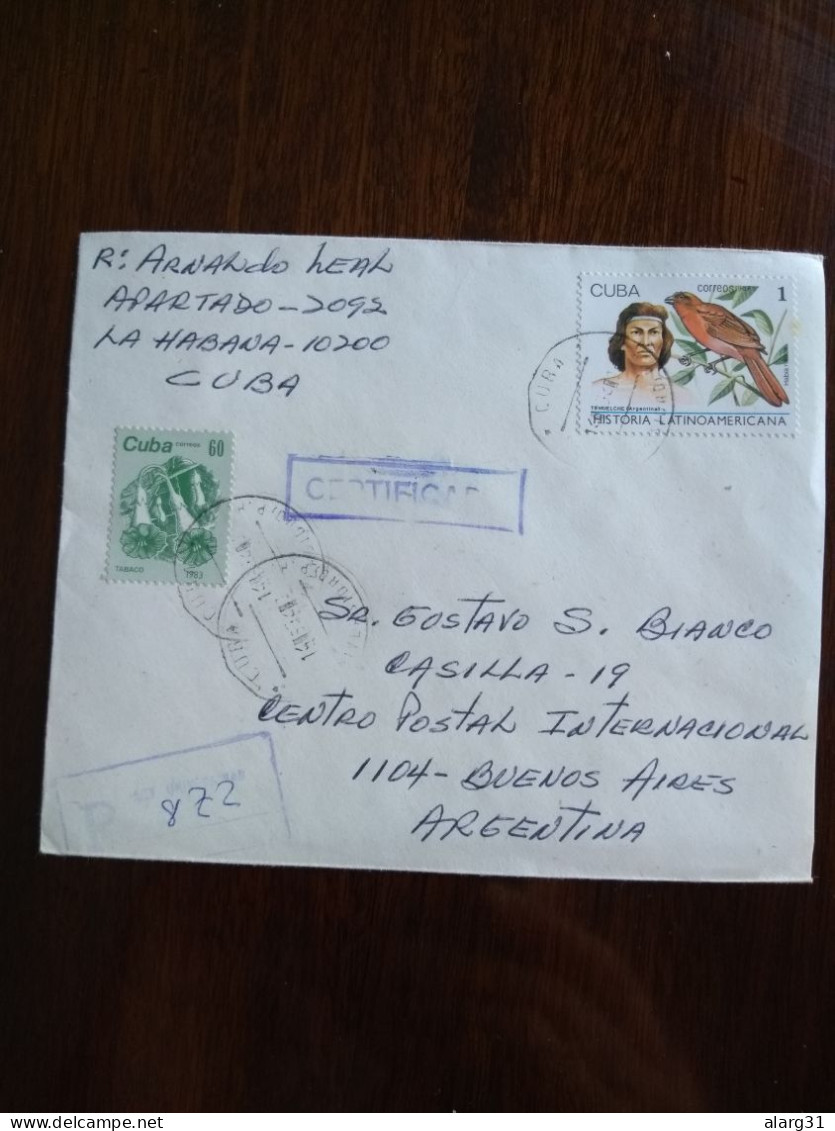 2 Reg Letter Cuba Argentina.tehuelche Native.bird.sarmiento.orchid.yv2960.2789..e8 Reg Post Conmem 1 Or 2 Pieces. - Lettres & Documents