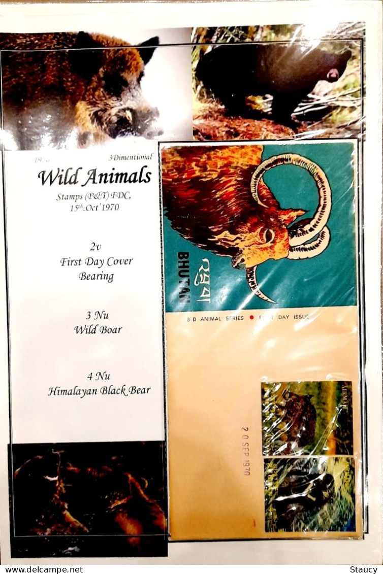 BHUTAN 1970 RARE COLLECTION Of WILD ANIMALS 3d Brochure + 13v SET + 6 Off FDC's + 2 Agency FDC + 2 Regd POSTAL USED CVR - Rhinoceros