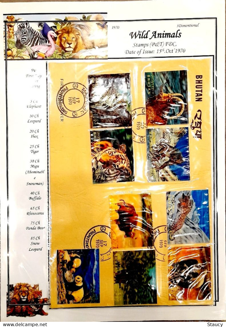 BHUTAN 1970 RARE COLLECTION of WILD ANIMALS 3d brochure + 13v SET + 6 off FDC's + 2 agency FDC + 2 regd POSTAL USED CVR