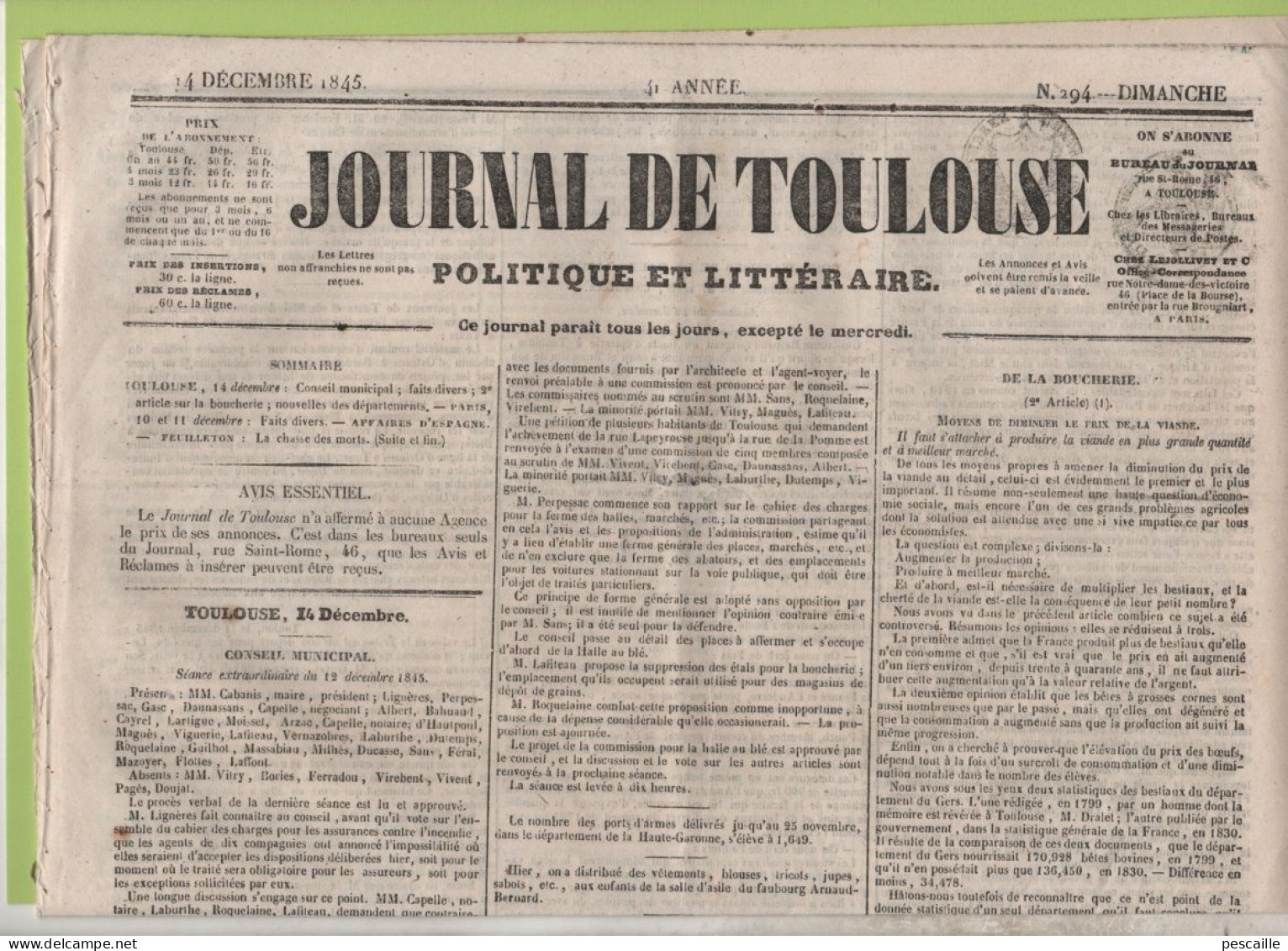 JOURNAL DE TOULOUSE 14 12 1845 - CONSEIL MUNICIPAL - BOUCHERIE PRIX DE LA VIANDE - ARIEGE - TOULON - ASNIERES - ASCO - 1800 - 1849