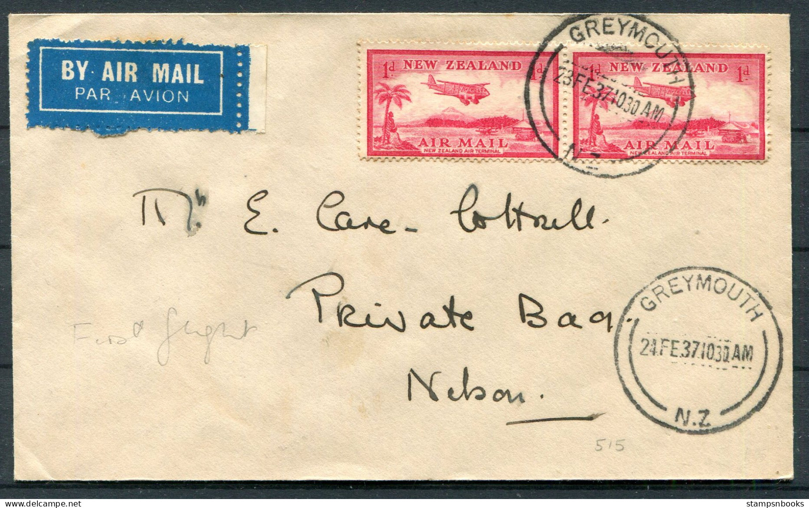 1937 New Zealand First Flight Airmail Cover Greymouth - Nelson  - Airmail