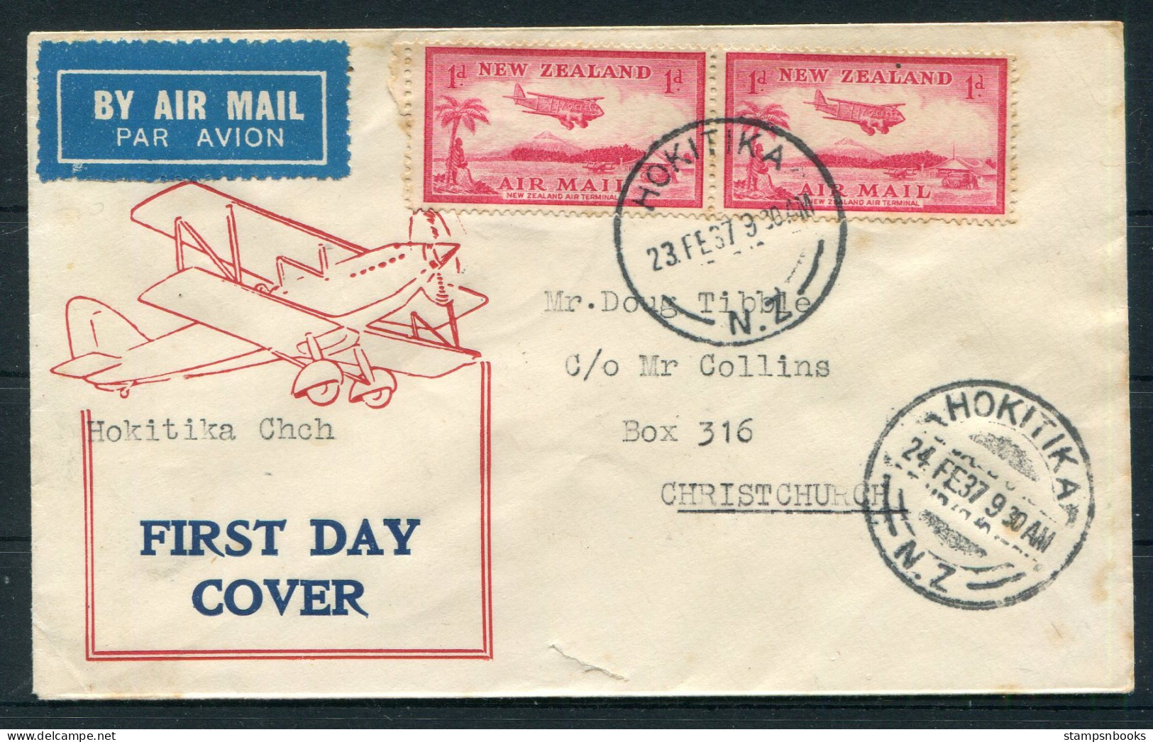 1937 New Zealand First Flight Airmail Cover Hokitika - Blenheim Christchurch - Corréo Aéreo