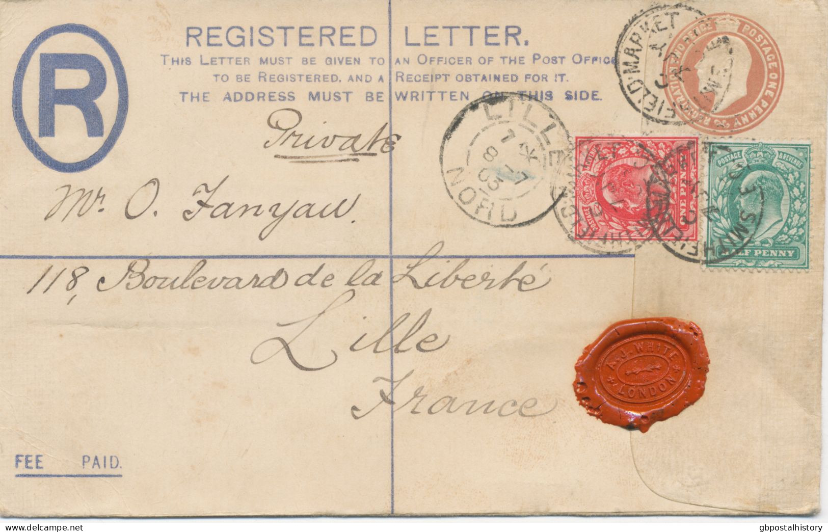 GB 1903 EVII Nice THREE-COLORS-POSTAGE: Postal Stationery Registered Env 3d Uprated With EVII 1/2d And 1d VARIETY: MINOR - Lettres & Documents