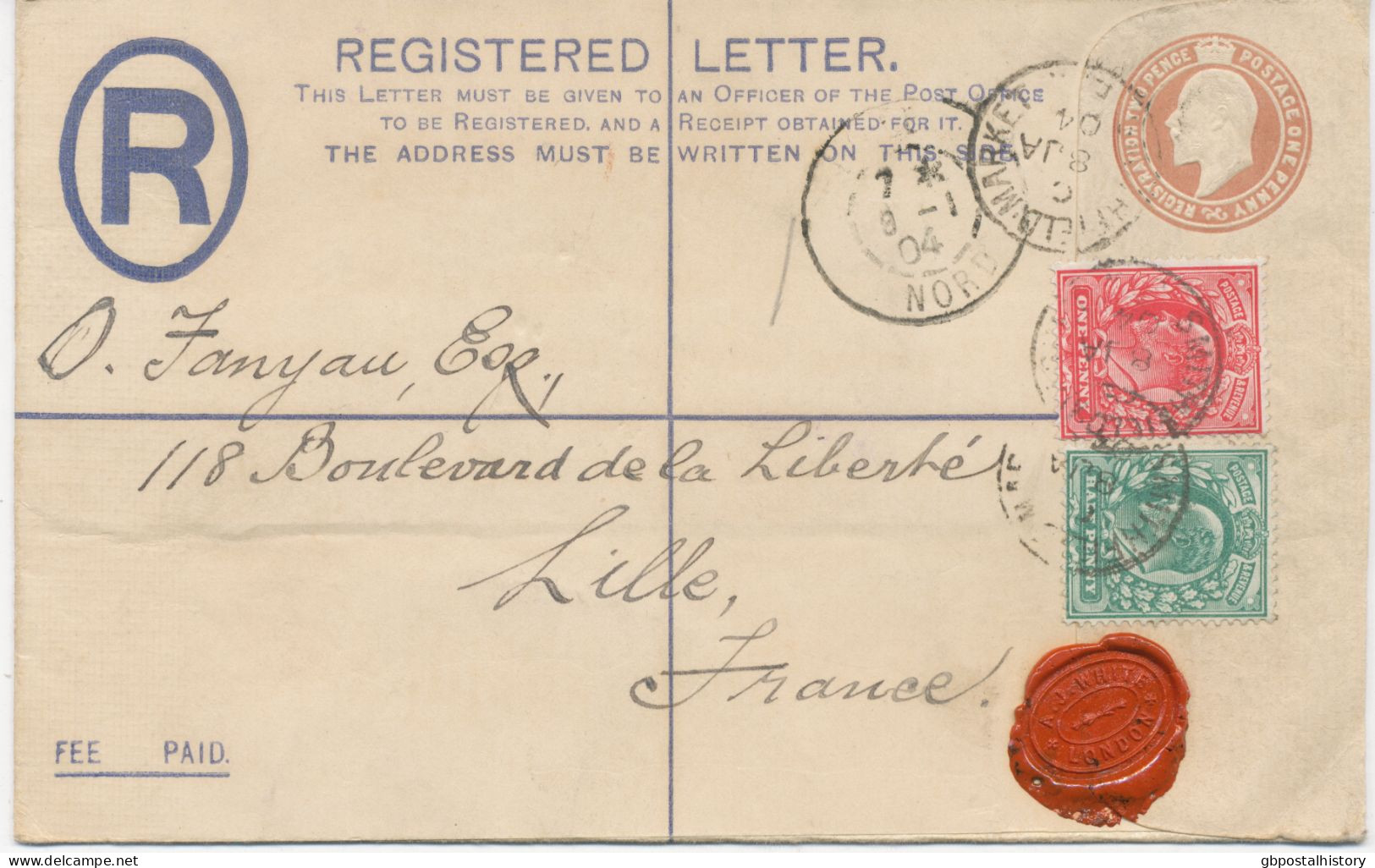 GB 1904 EVII Nice THREE-COLORS-POSTAGE: Postal Stationery Registered Env 3d Uprated With EVII 1/2d And 1d From LONDON - Cartas & Documentos