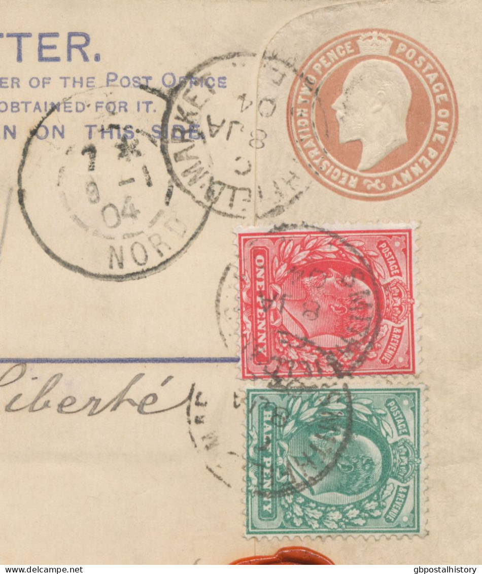GB 1904 EVII Nice THREE-COLORS-POSTAGE: Postal Stationery Registered Env 3d Uprated With EVII 1/2d And 1d From LONDON - Lettres & Documents