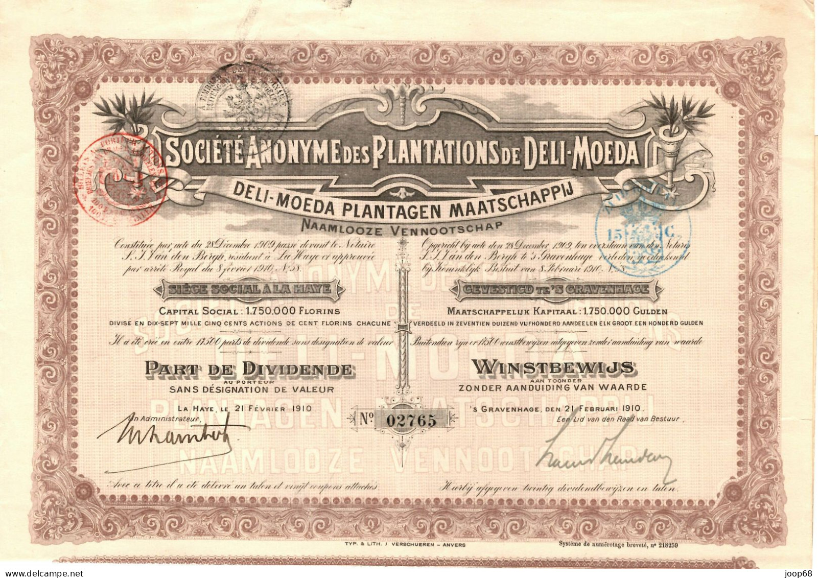 Deli-Moeda Plantagen Maatschaapij N.V. - Winstbewijs - 's Gravenhage, 21 Februari 1910 Indonesia - Landwirtschaft