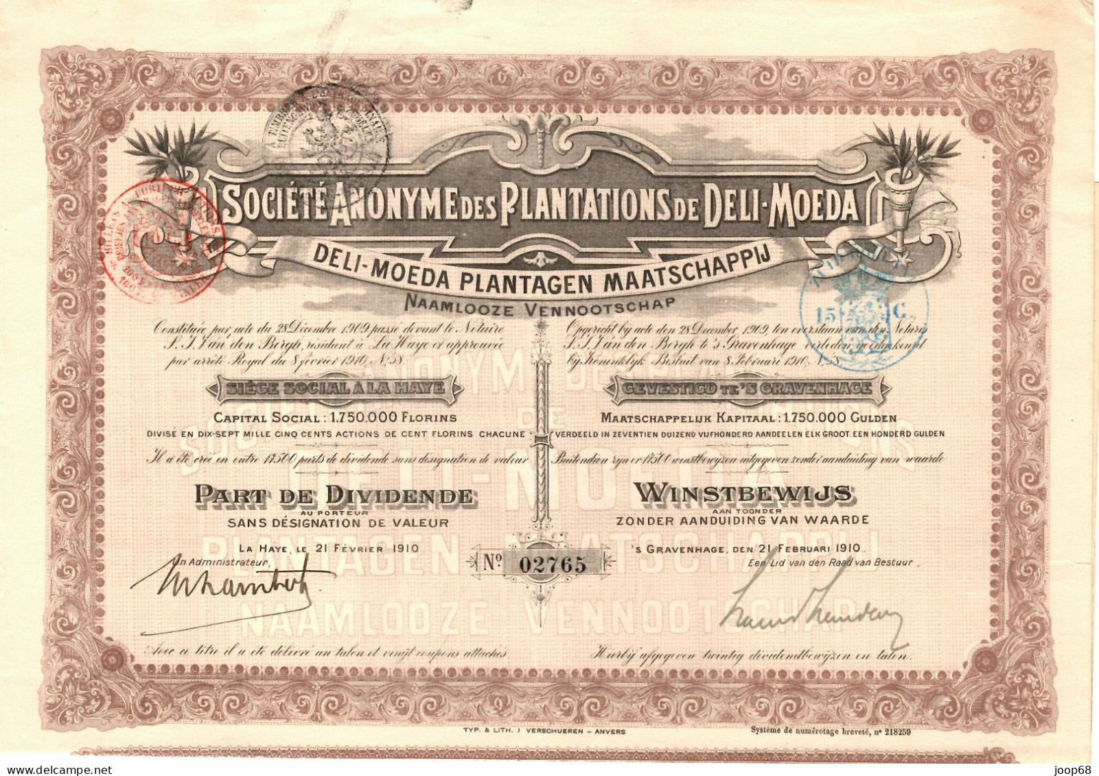 Deli-Moeda Plantagen Maatschaapij N.V. - Winstbewijs - 's Gravenhage, 21 Februari 1910 Indonesia - Landbouw