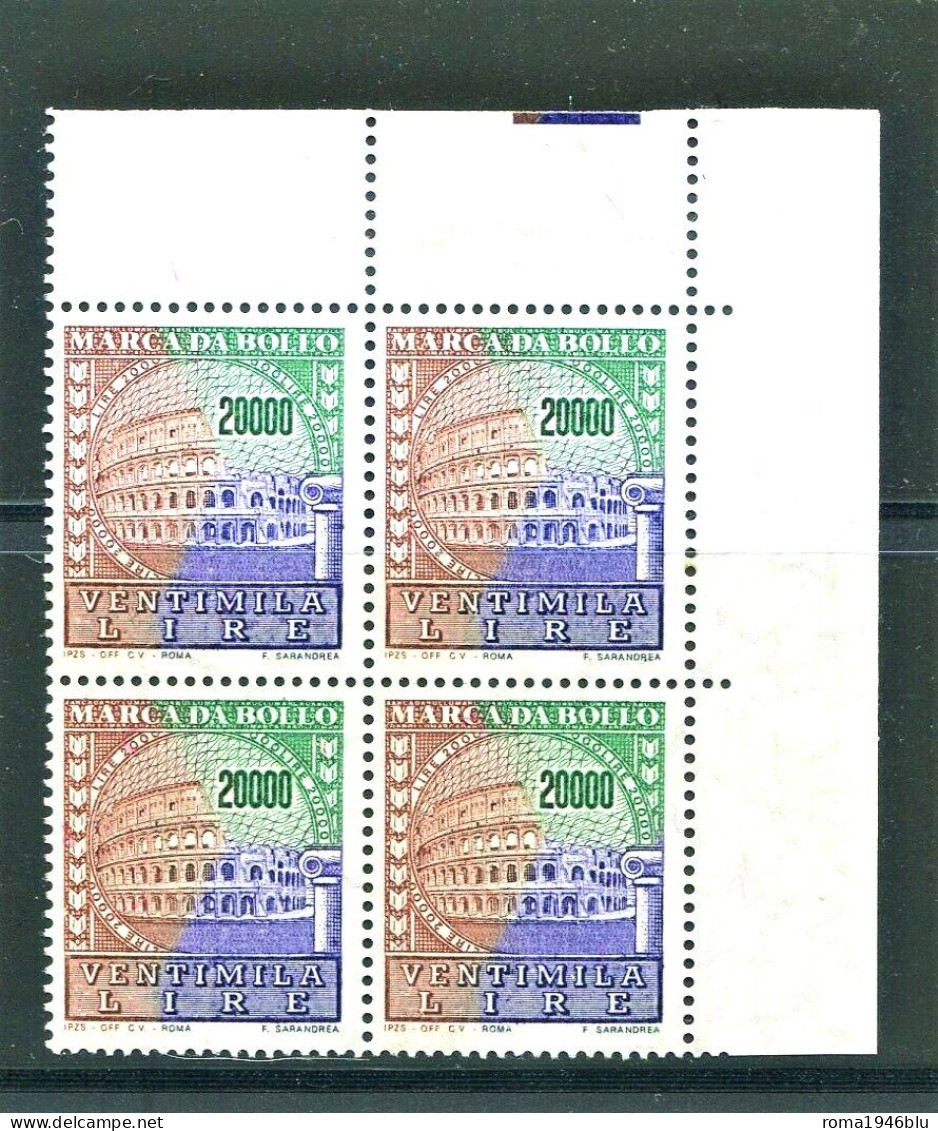 ITALIA REPUBBLICA MARCA DA BOLLO L. 20.000 QUARTINA ** INTEGRA CON GOMMA - Revenue Stamps