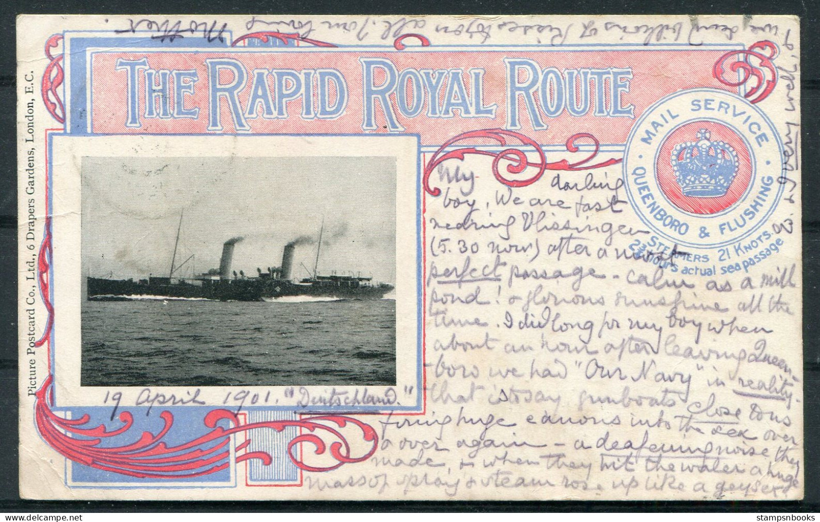 1901 Netherlands "The Rapid Royal Route" "Queenboro - Flushing Mail Service" Ship Postcard - St John's Wood, London - Brieven En Documenten