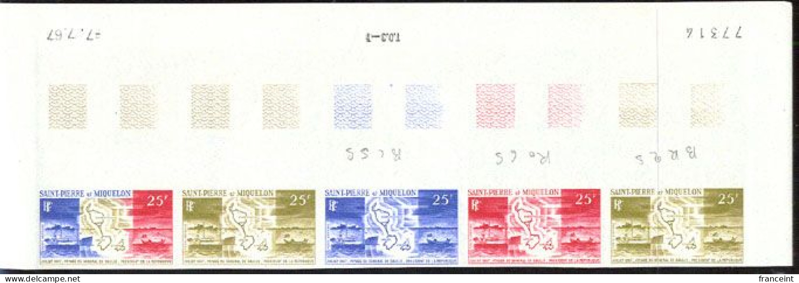 ST. PIERRE & MIQUELON(1967) Map Of Islands. Old & New Fishing Vessels. Trial Color Proofs In Strip Of 5 With Multicolor. - Imperforates, Proofs & Errors