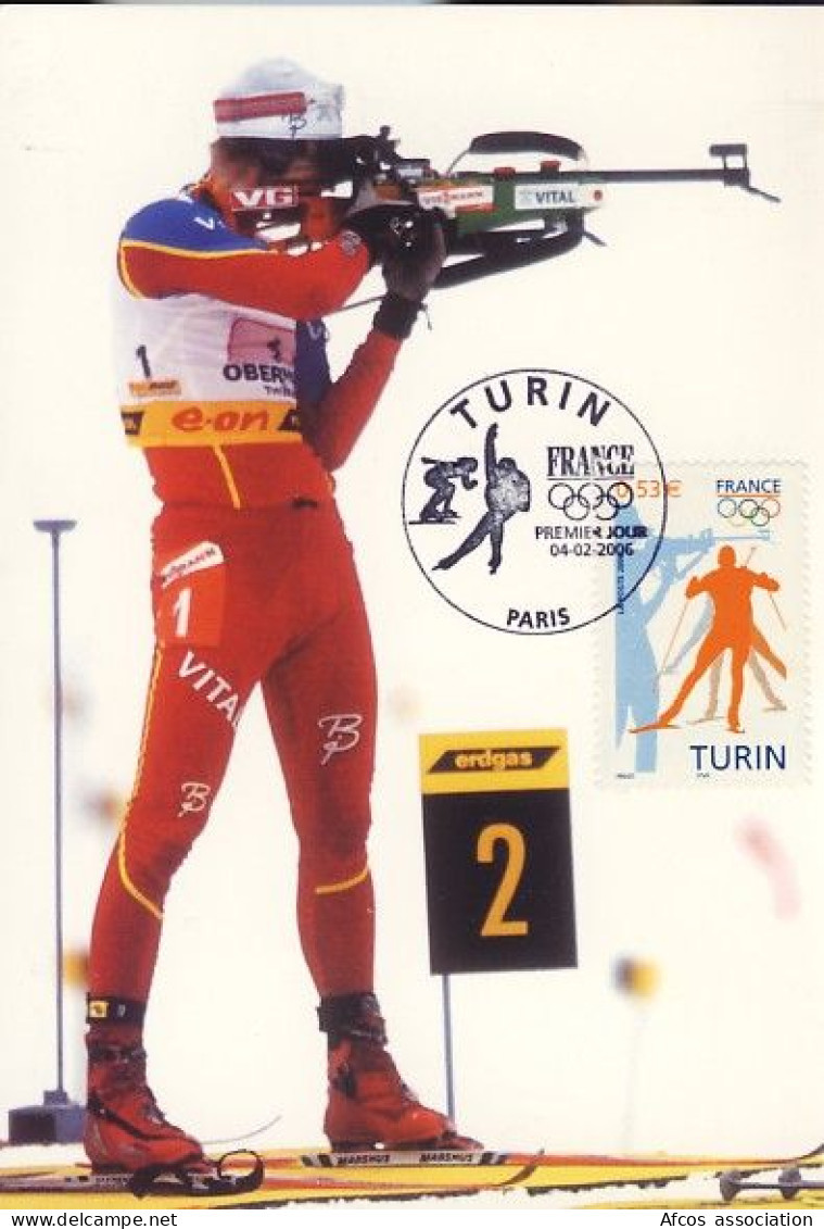 2006 Jeux Olympiques Turin 1er Jour Paris Sur Carte Postale Biathlon - Winter 2006: Turin