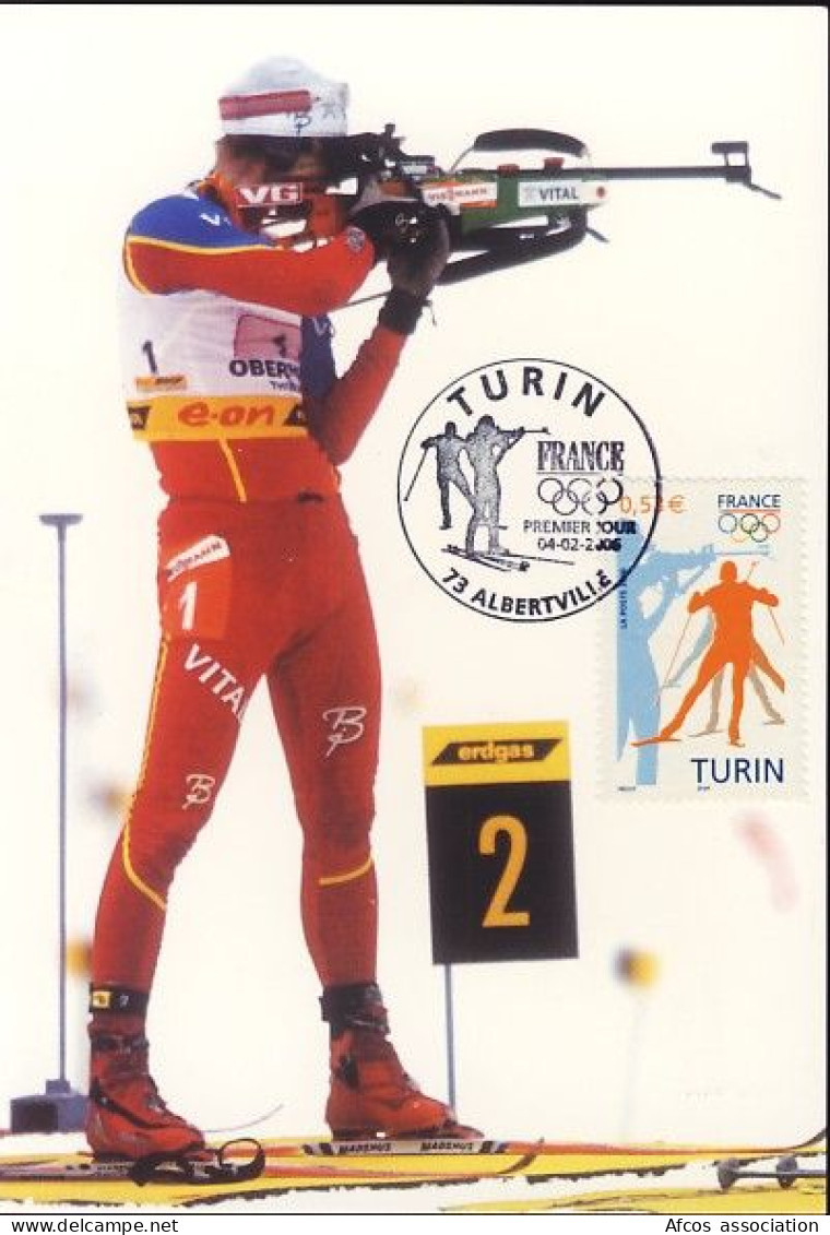 2006 Jeux Olympiques Turin 1er Jour Albertville Sur Carte Postale Biathlon - Hiver 2006: Torino