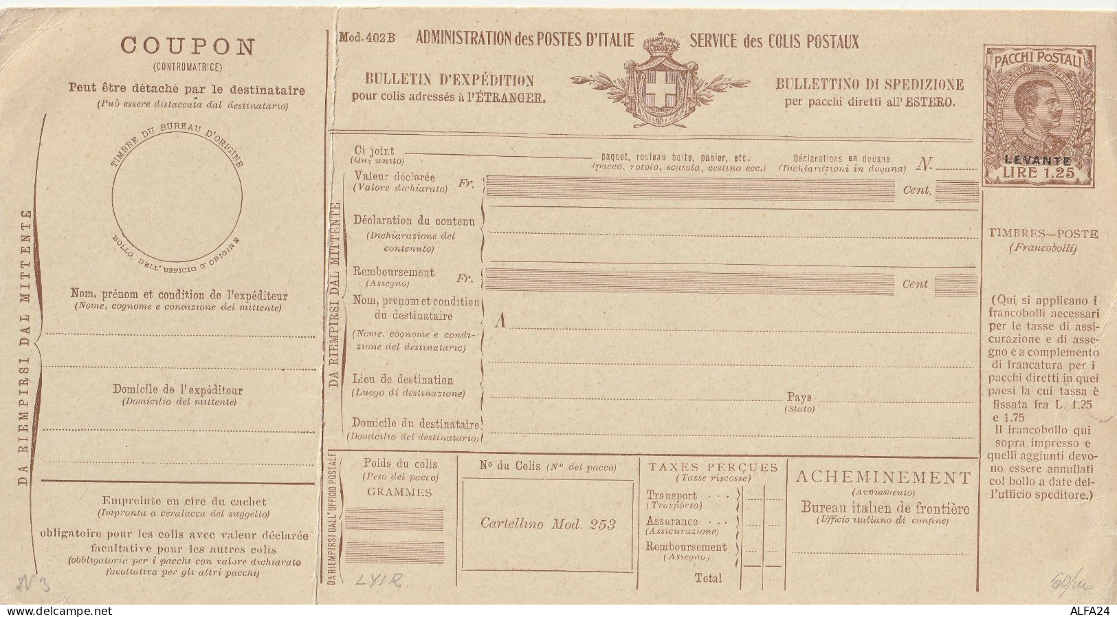 BOLLETTINO SPEDIZIONE PACCHI ALL'ESTERO L.1,25 1908 LEVANTE NUOVO -PIEGA A SX (XT1884 - Paketmarken