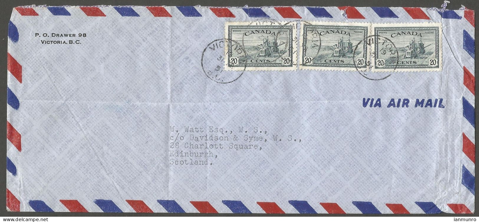 1951 Airmail Cover 60c Peace Harvester Victoria BC To Scotland - Postal History