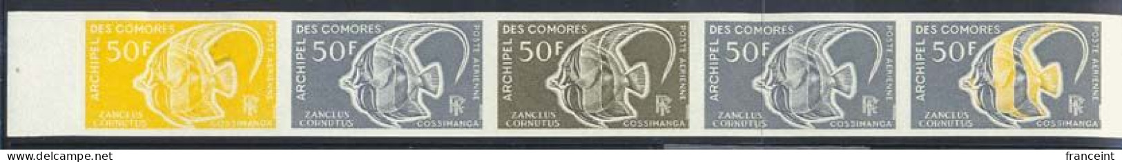 COMOROS(1968) Moorish Idol. Trial Color Proofs In Strip Of 5 With Multicolor. Scott No C23, Yvert No PA23. - Other & Unclassified