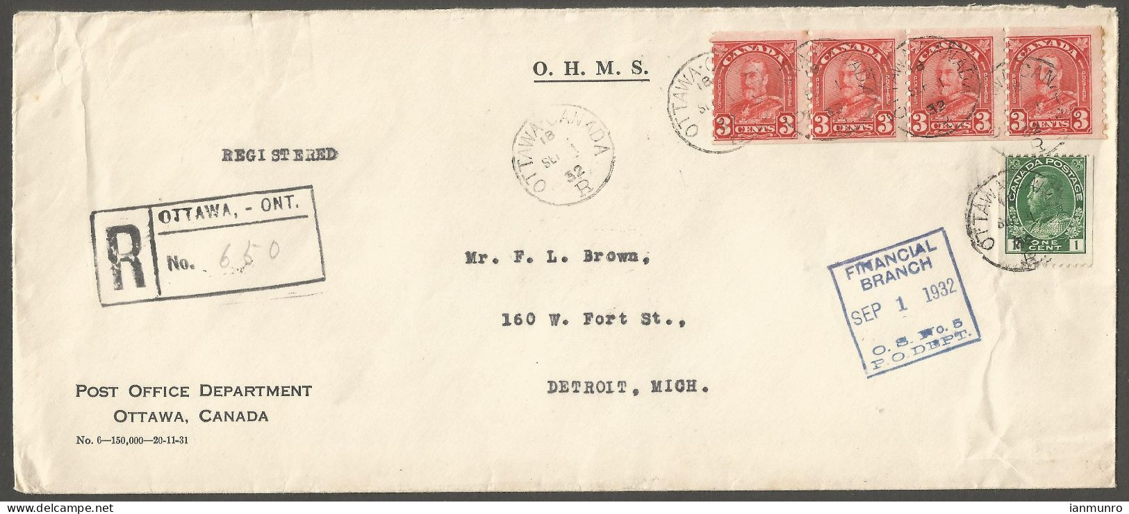 1932 Registered Cover 13c Admiral/Arch Coil Strip CDS Ottawa Ontario To USA OHMS - Historia Postale