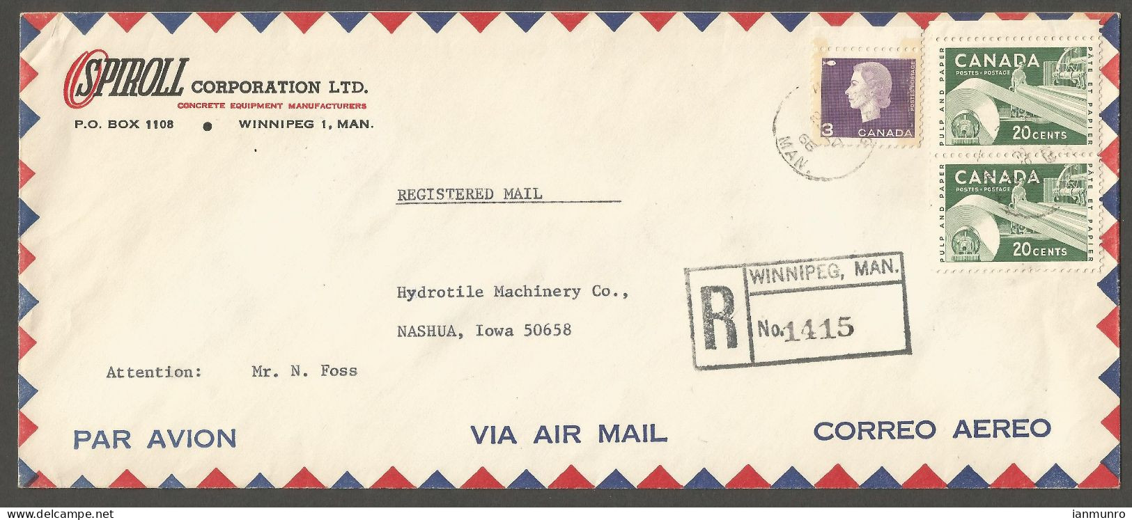 1966 Concrete Equiptment Advertising Cover Registered 43c Paper/Cameo CDS Winnipeg Manitoba To USA - Postal History