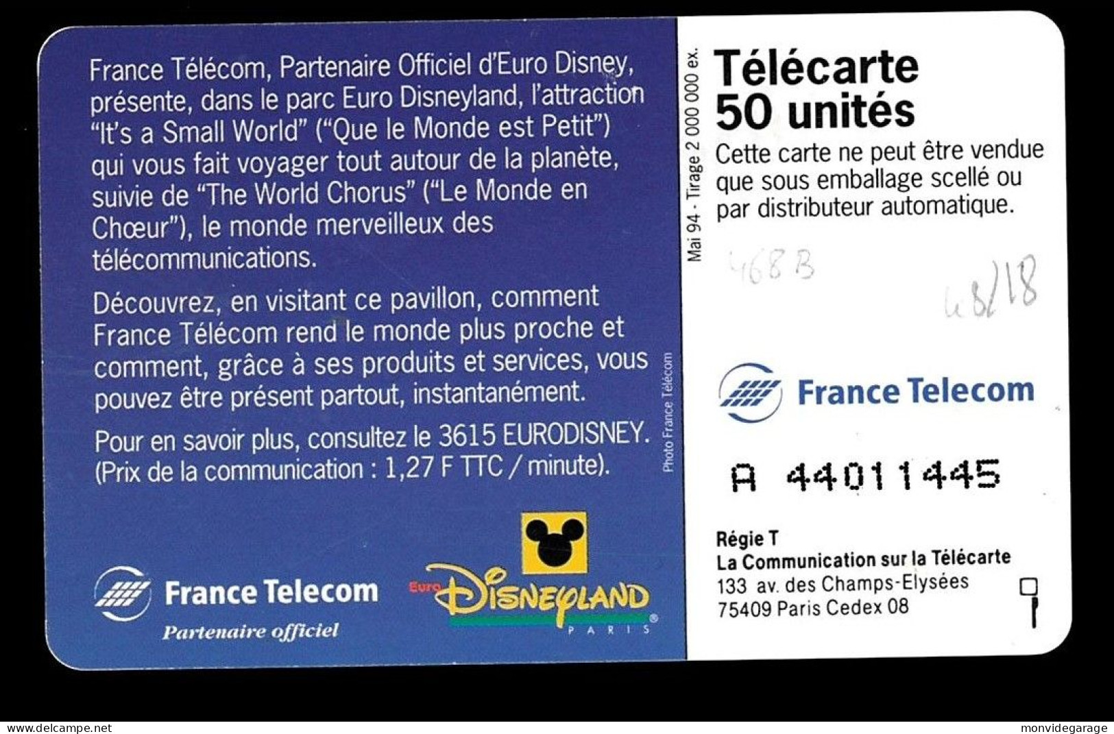 F468B - Disneyland - Numérotation 1 Ligne - 1994