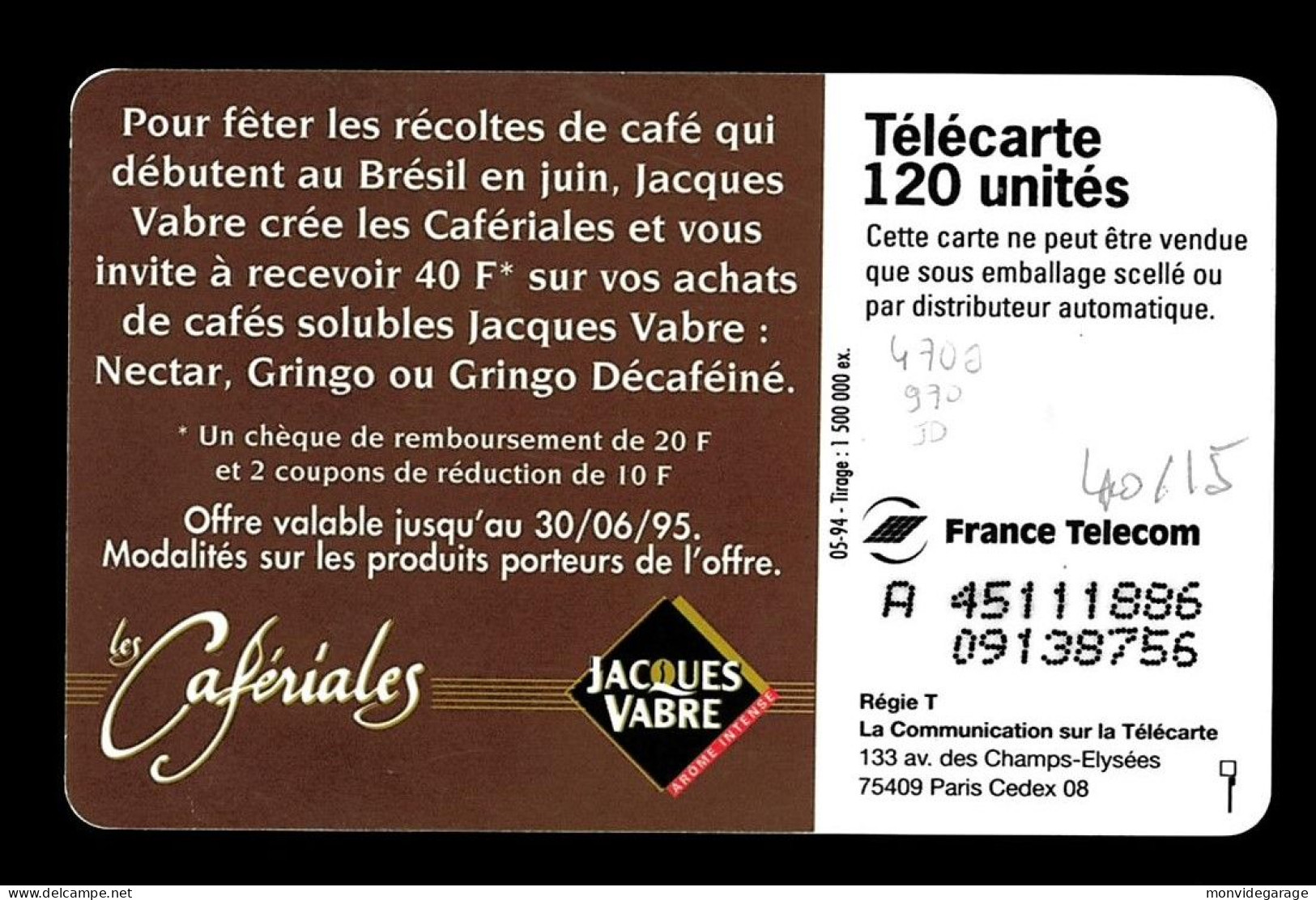 F470a 970 JD - Cafériales J. Vabre - Numérotation 2 Lignes - 1994