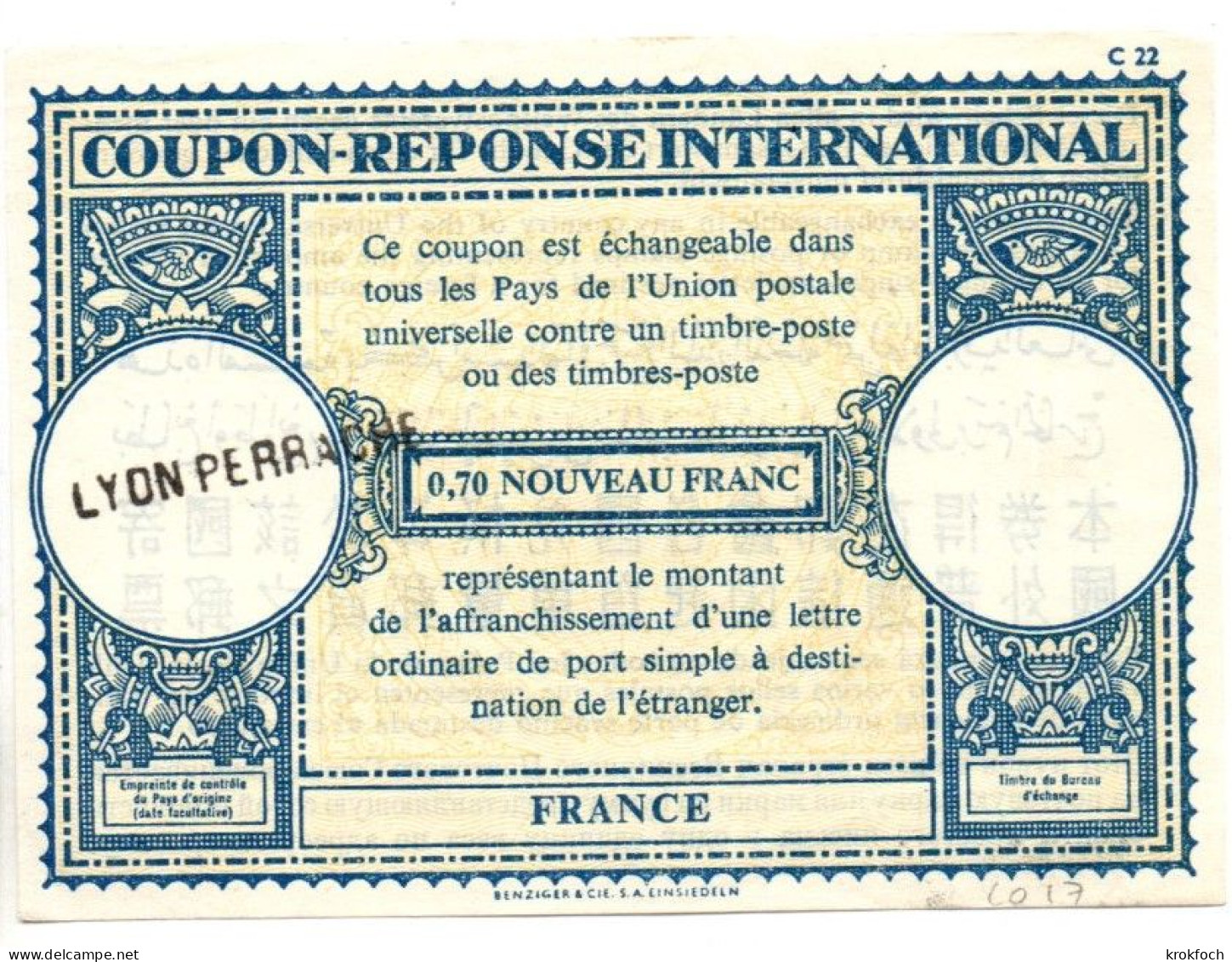 CR France Type Londres L0 17 - 0,70 Nouveau Franc - Griffe Lyon Perrache - CRI IRC - Coupons-réponse