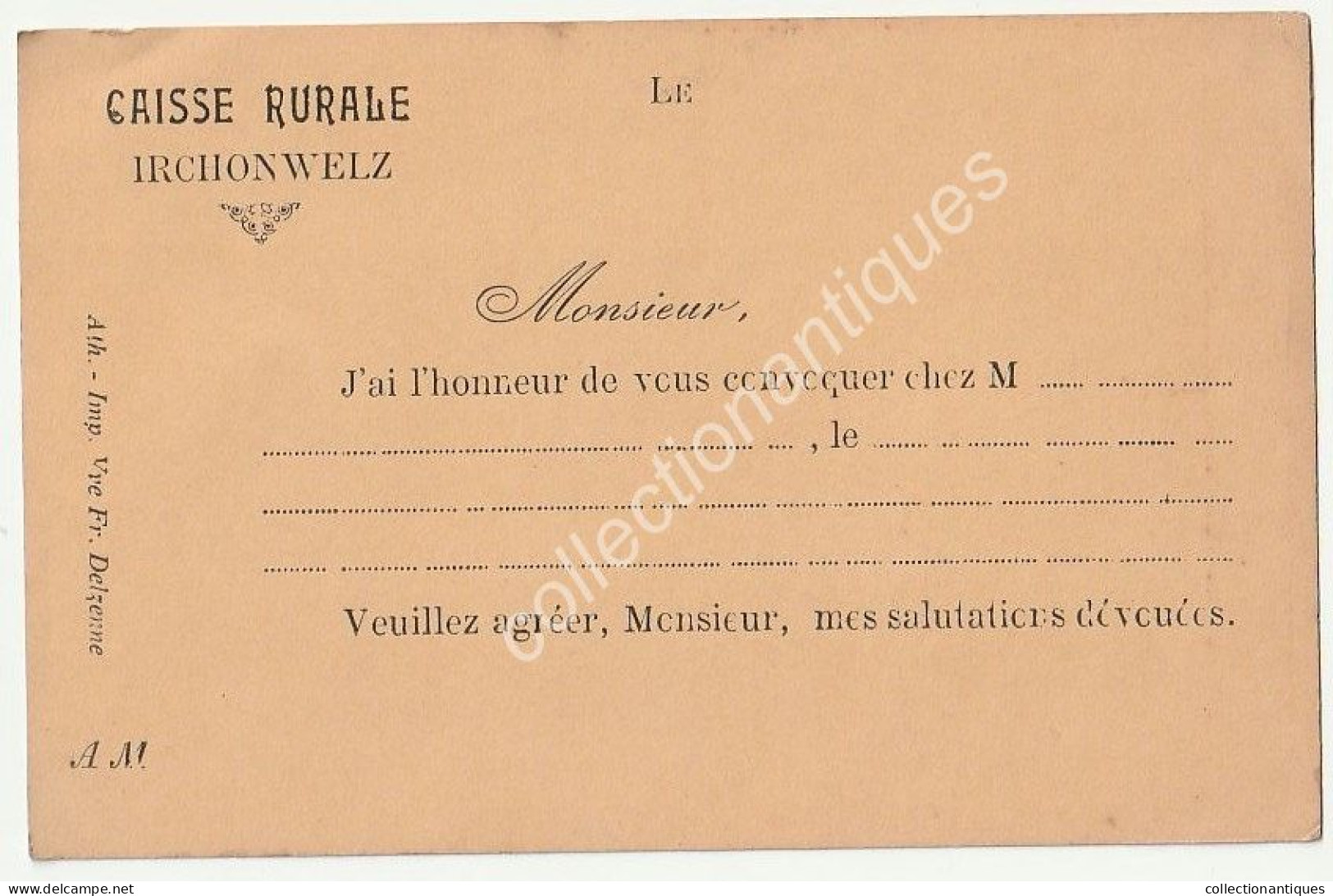 Invitation Caisse Rurale D'Irchonwelz - Non Circulée - Imp. Vve Fr. Delzenne - Probablement Années 50 - Ath