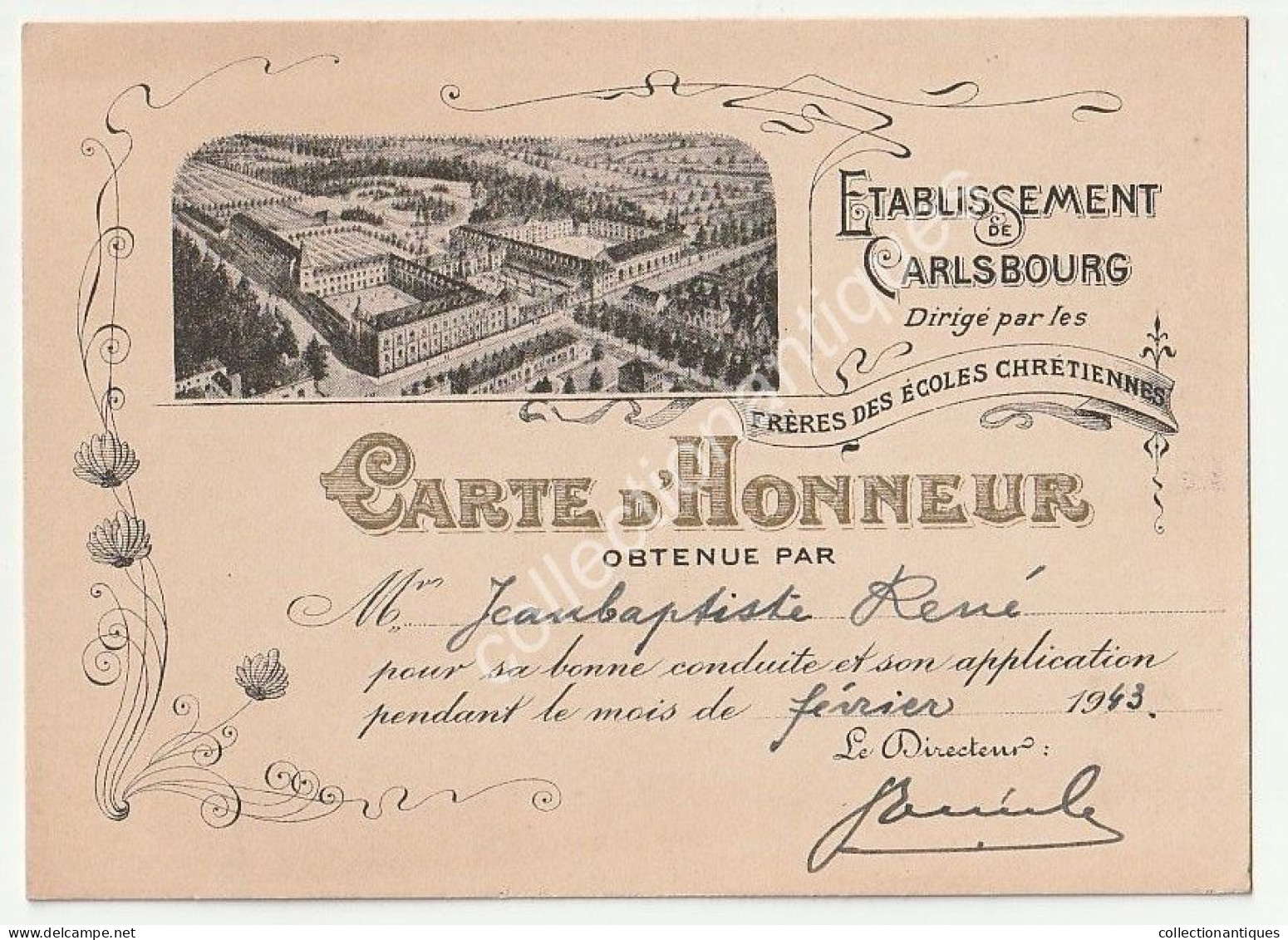 Carte D'Honneur - Etablissement De Carlsbourg - René Jeanbaptiste - Février 1943 - Frères Des Ecoles Chrétiennes - Paliseul