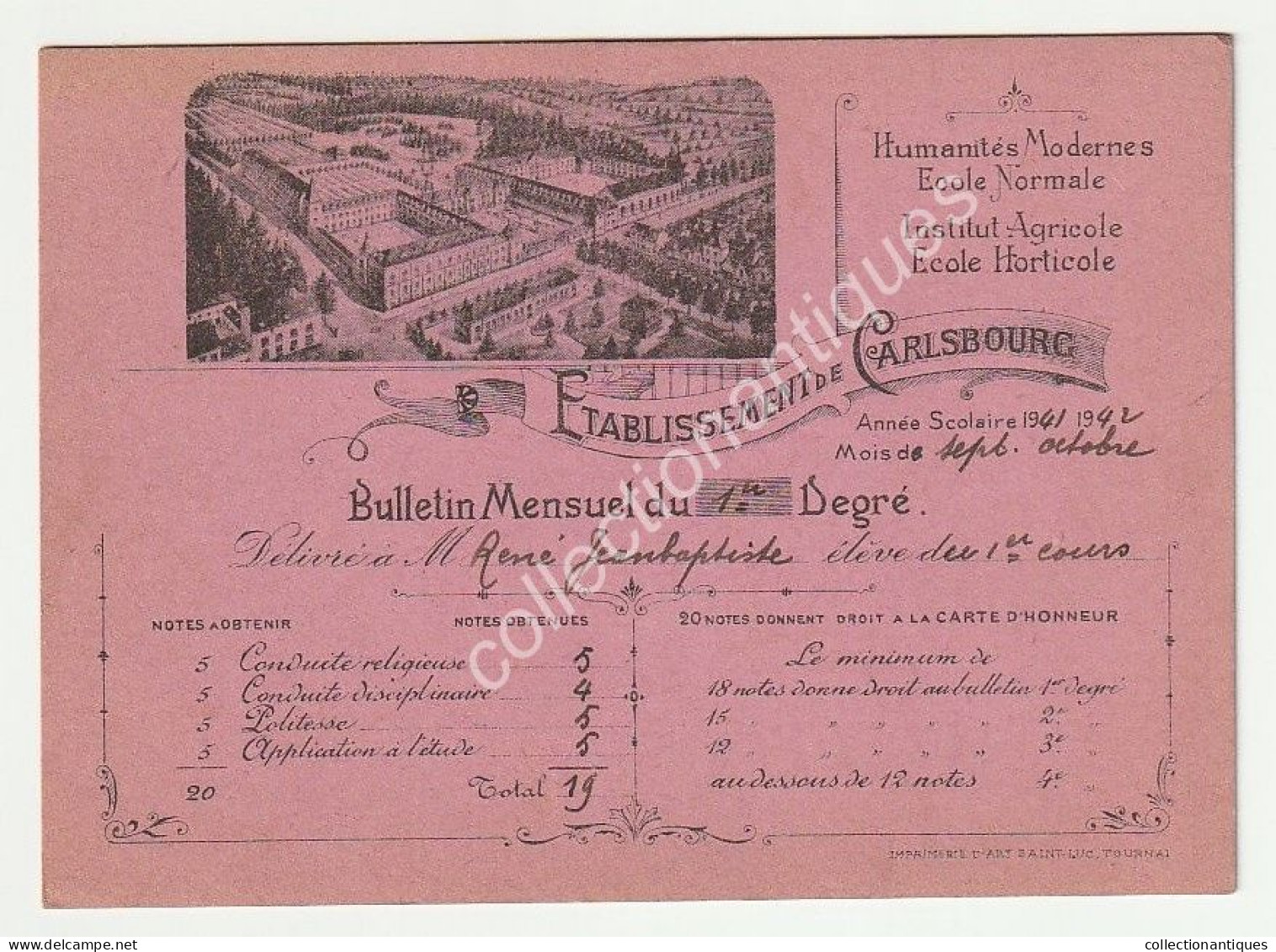 Bulletin Mensuel Du 1er Degré - Etablissement De Carlsbourg - René Jeanbaptiste - Sept.octobre 1941 - Imp. D'art St-Luc - Paliseul