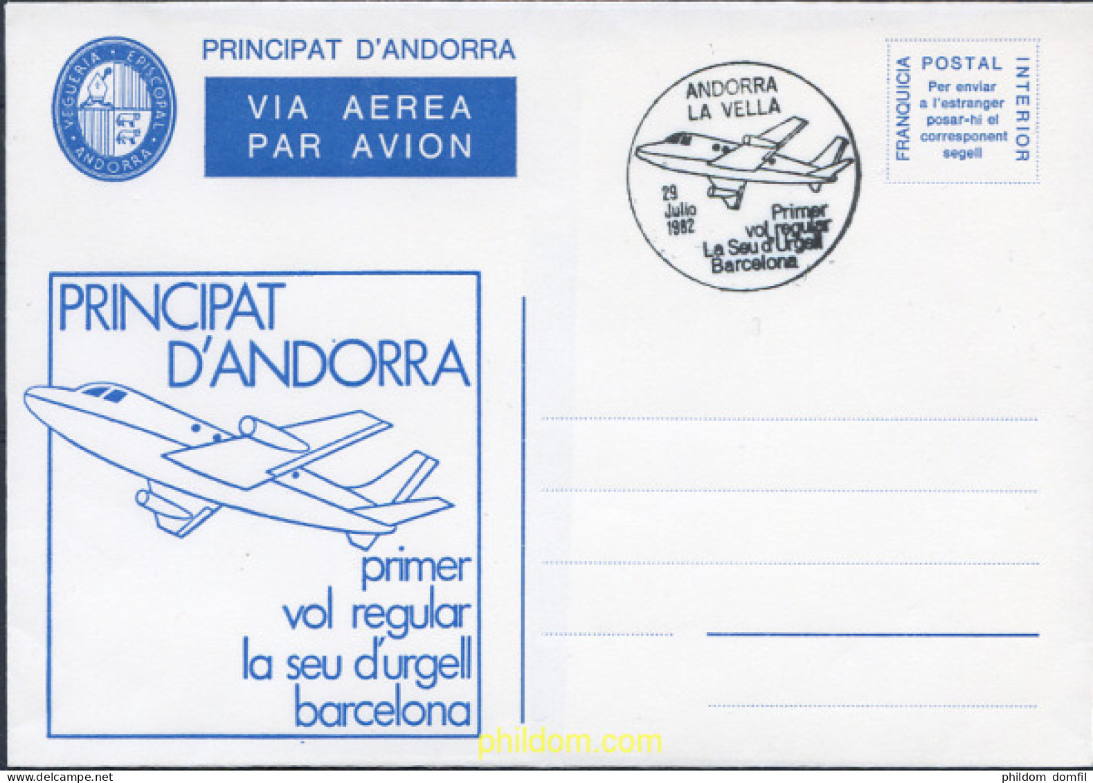 487142 MNH ANDORRA. Vegueria 1982 PRIMER VUELO REGULAR LA SEU DE URGELL - BARCELONA - Viguerie Episcopale