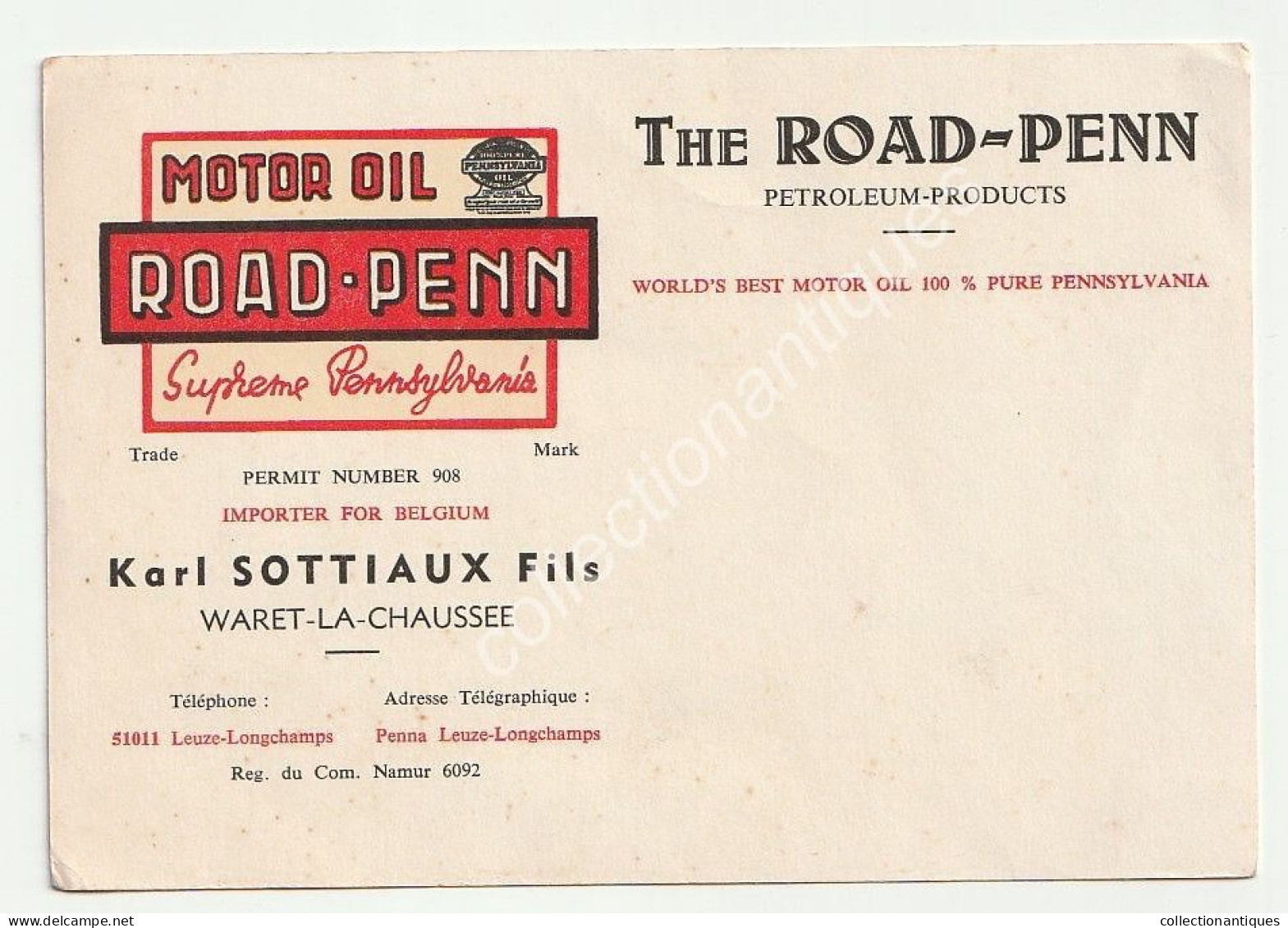 The Road-Penn Petroleum Products - Karl Sottiaux Fils - Waret-La-Chaussée - Motor Oil - 9 Novembre 1957 - Eghezée