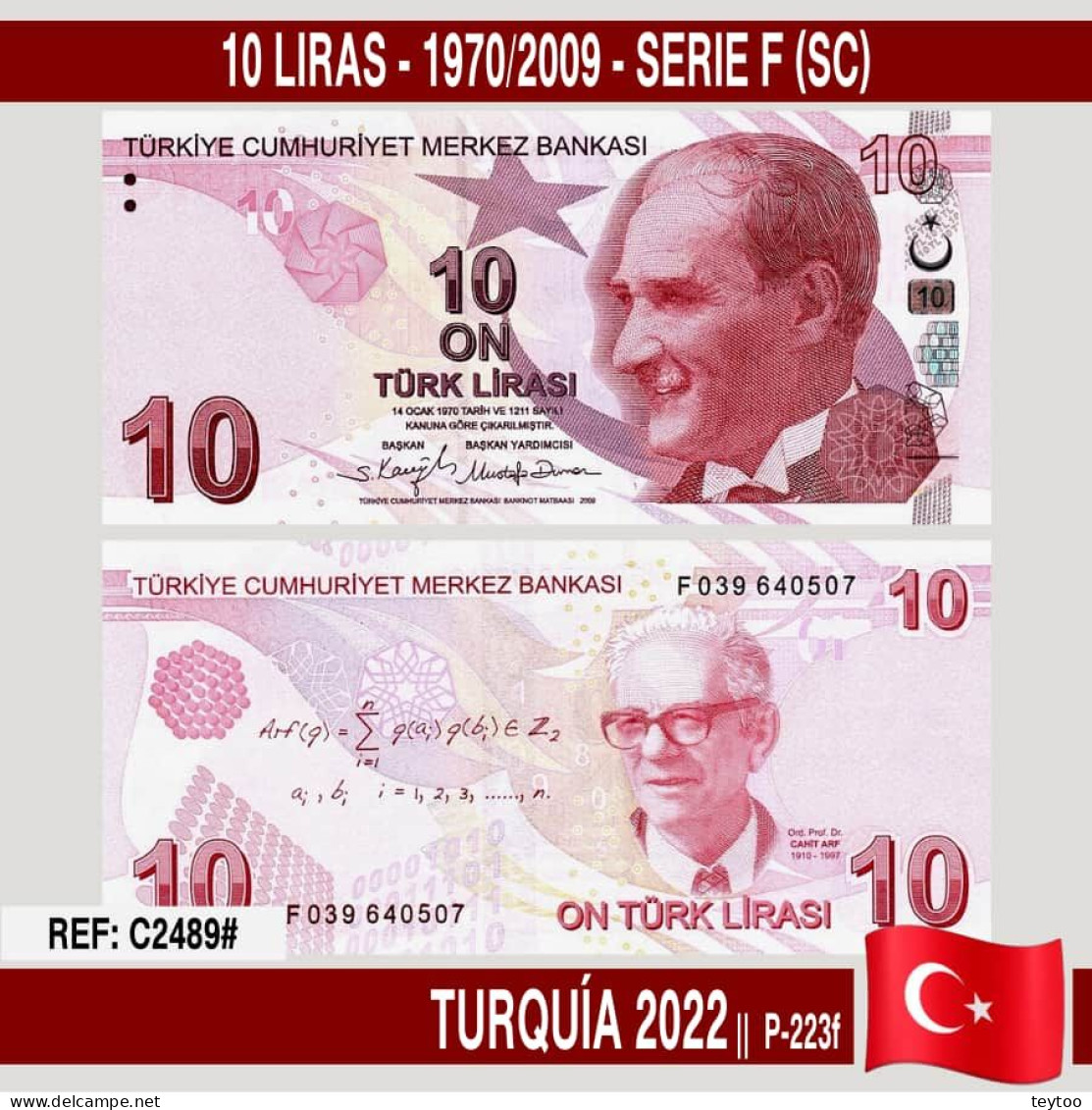 C2489# Turquía 2022. 10 Liras. 1970/2009 - Serie F (UNC) P-223f - Turkey