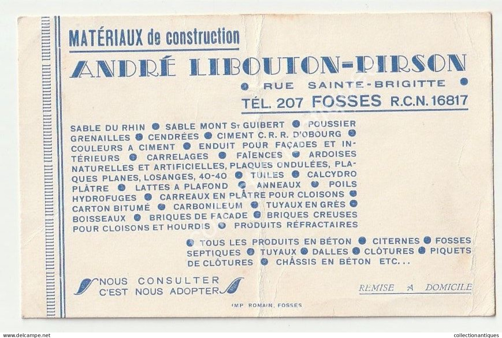 Matériaux De Construction -André Libouton-Pirson - Fosses-La-Ville - Imp. Romain, Fosses - R.C.N. 16817 - Fosses-la-Ville