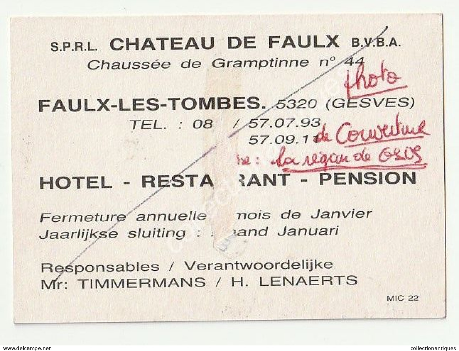 SPRL Château De Faulx - Hôtel Restaurant Pension -  Faulx-les-Tombes - 10,5 X 7,5 Cm - Gesves