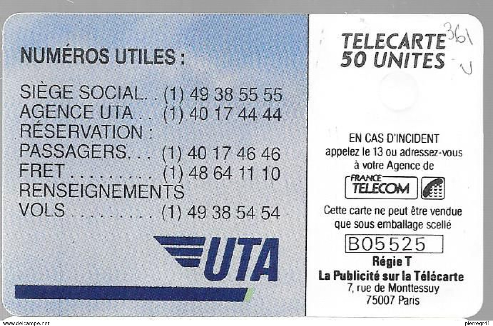 CARTE-PRIVEE-50U-GemA-D361-UTA-Cie Aviation--R° Glacé-1000-Ex-Utilisé-TBE/LUXE-R°-Petit Point Blanc - Telefoonkaarten Voor Particulieren