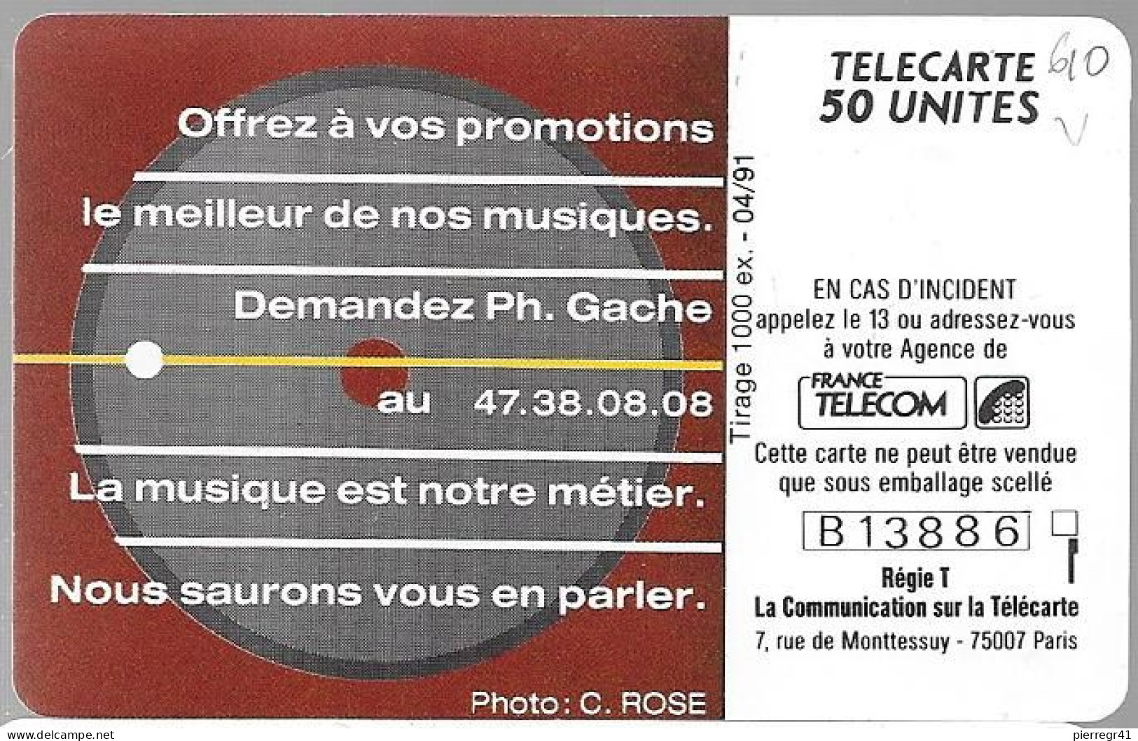 CARTE-PRIVEE-50U-GemA-D610-04/91-SONY Musique-Ray CHARLES-R° Glacé-1000-Ex-Utilisé-TBE/LUXE-RARE - Telefoonkaarten Voor Particulieren